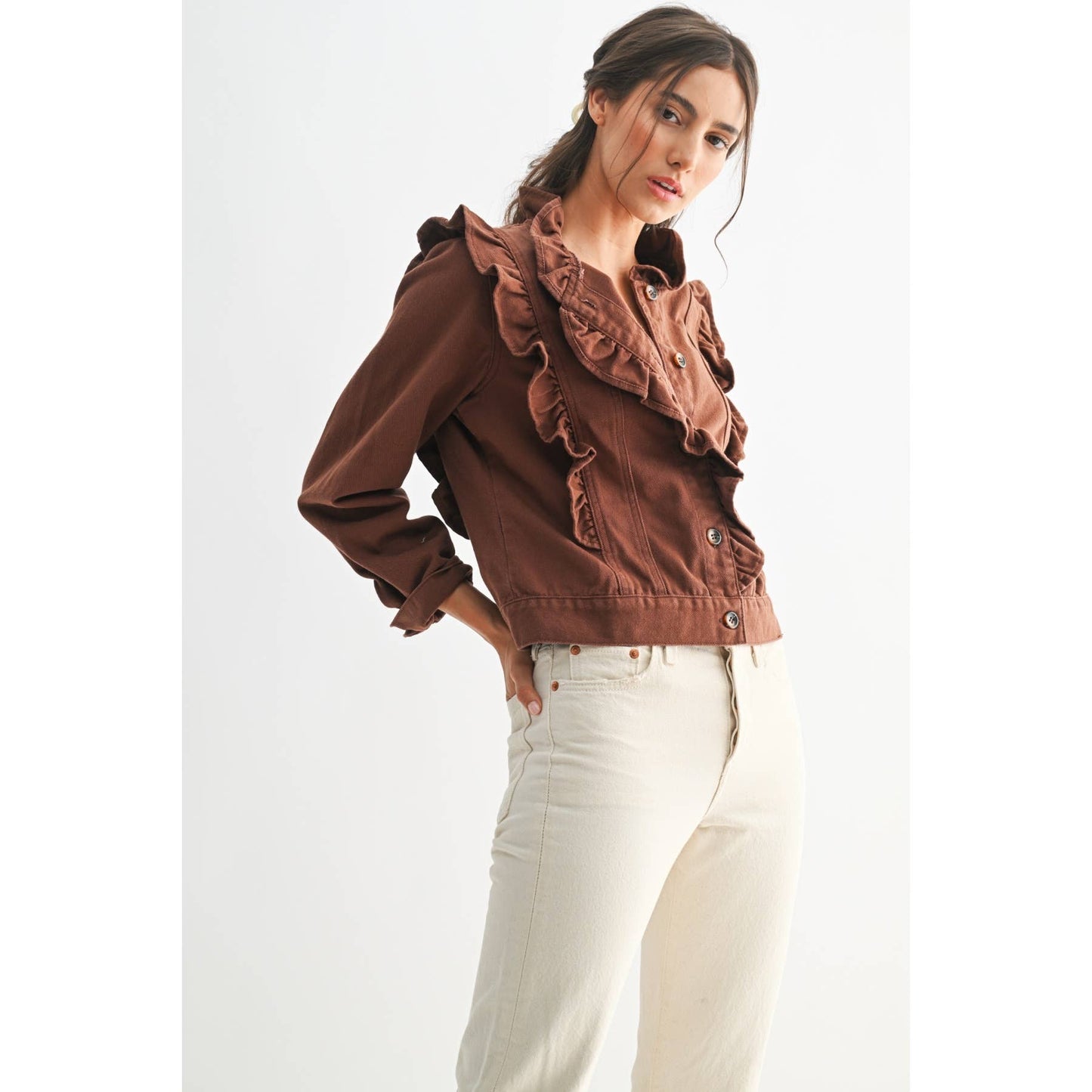 Maple Ruffled Button-Up Denim Jacket