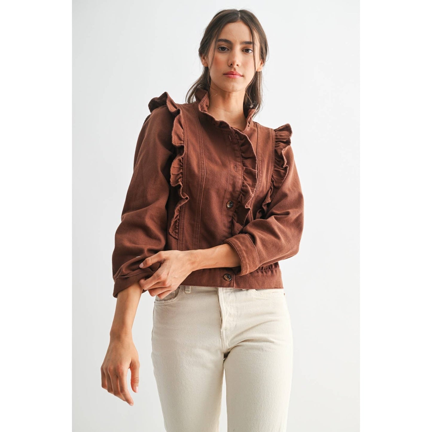 Maple Ruffled Button-Up Denim Jacket