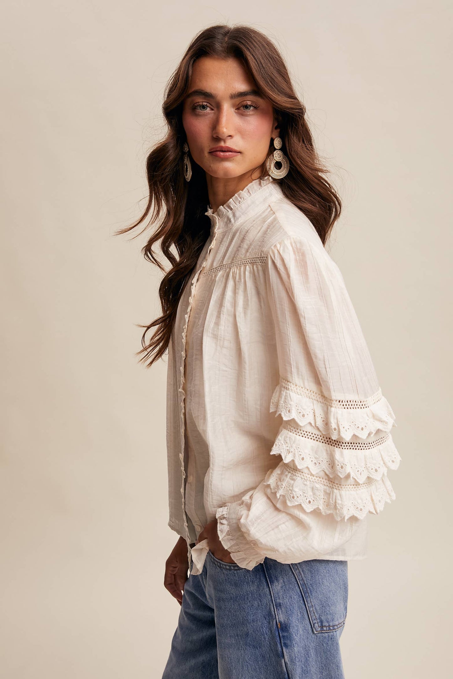 Amber Lace Ruffle Sleeve Pintuck Blouse