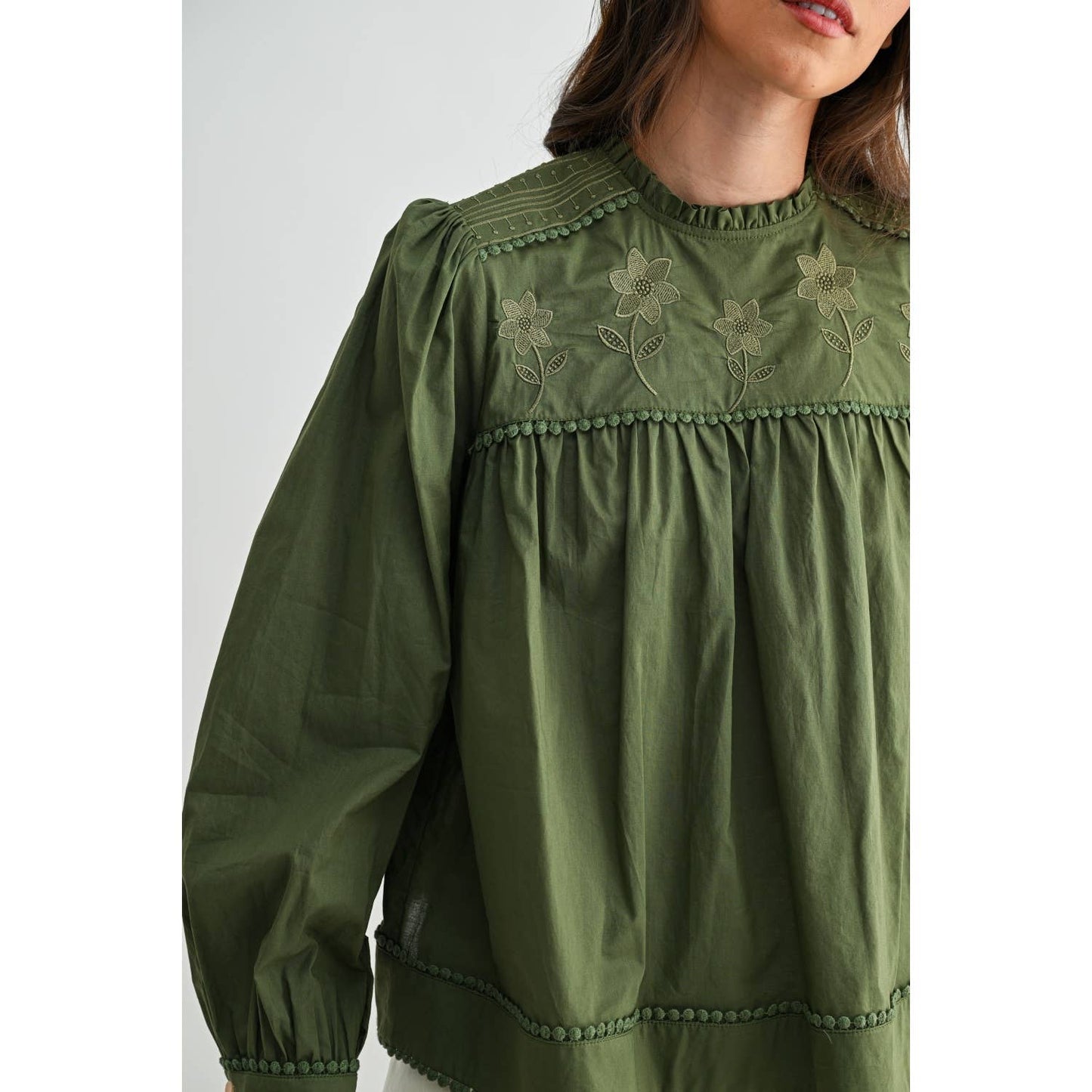 Anniston Embroidered Olive Puff Sleeve Blouse