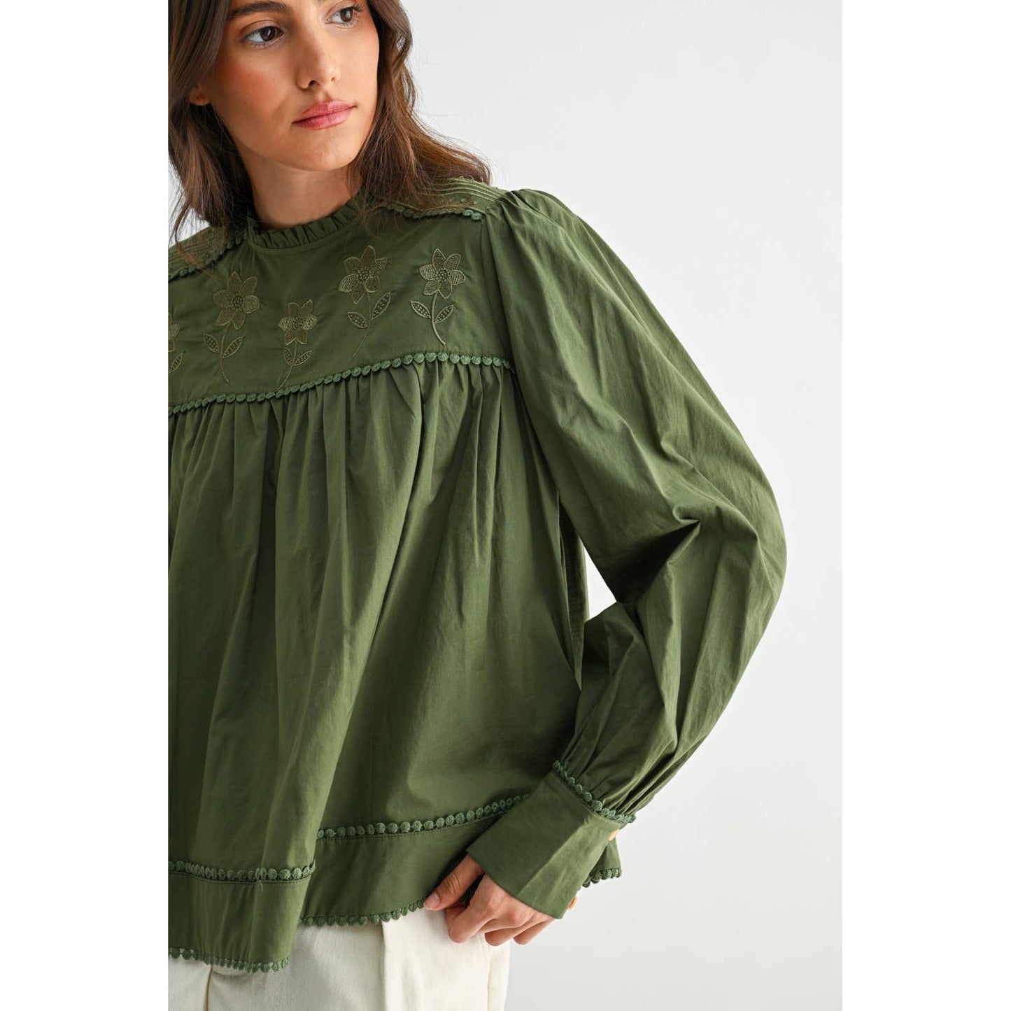 Anniston Embroidered Olive Puff Sleeve Blouse