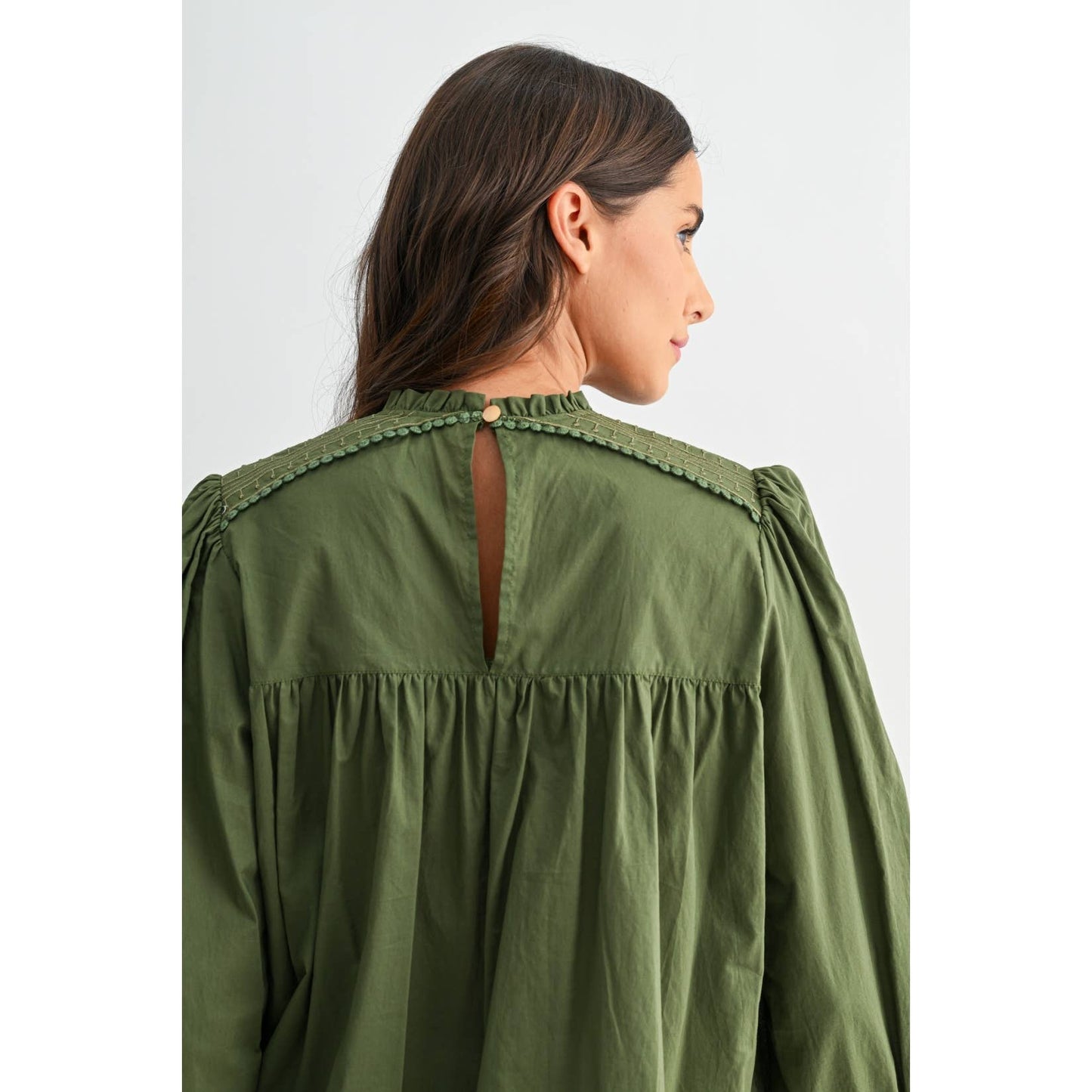 Anniston Embroidered Olive Puff Sleeve Blouse