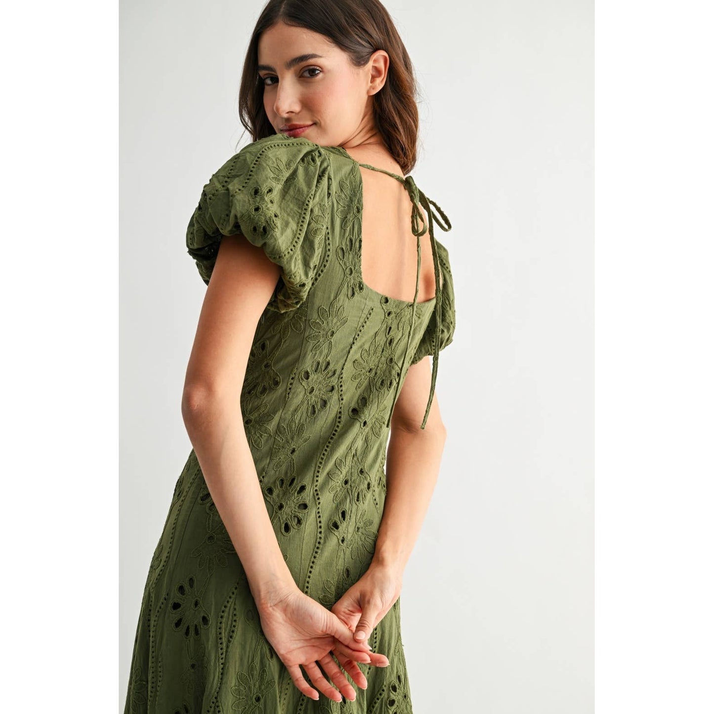 Willow Olive Green Puff Sleeve Embroidered Midi Dress