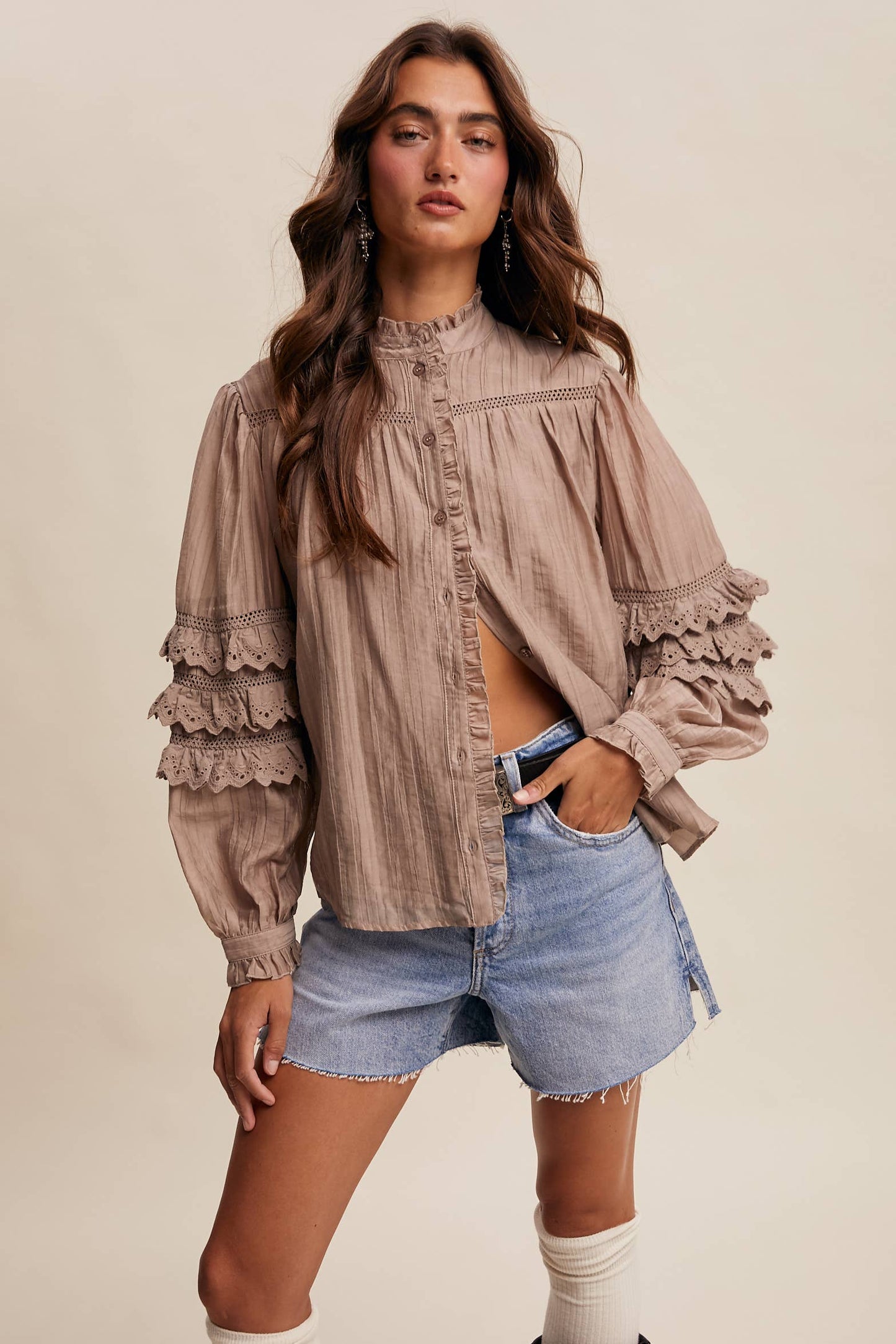 Amber Lace Ruffle Sleeve Pintuck Blouse