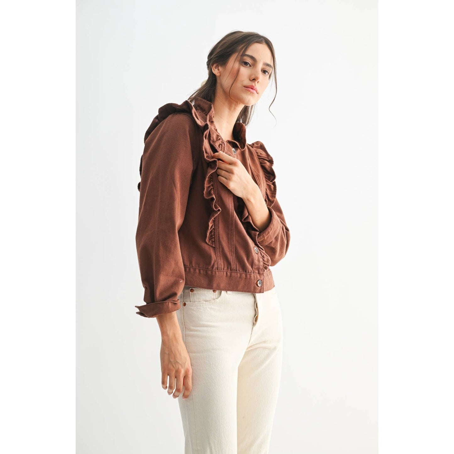 Maple Ruffled Button-Up Denim Jacket