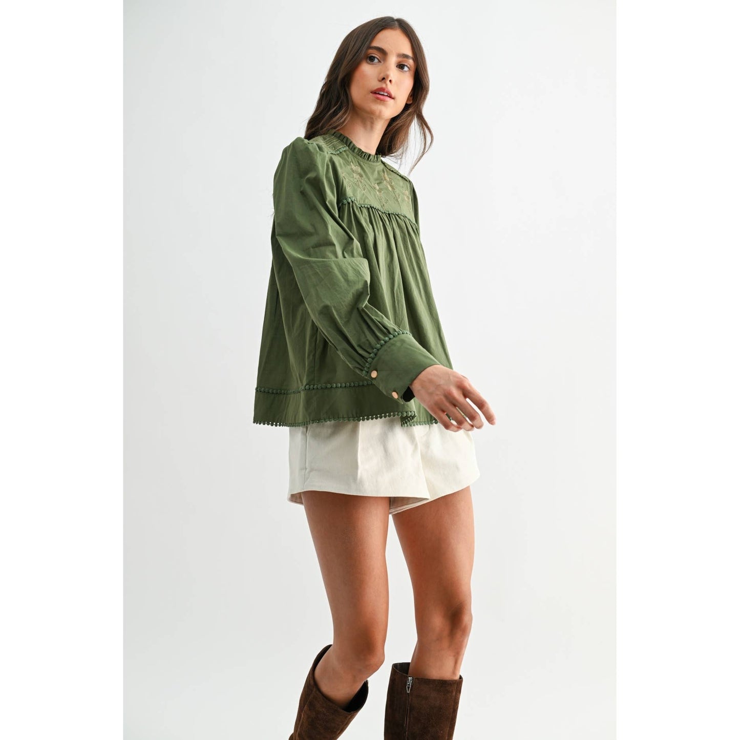 Anniston Embroidered Olive Puff Sleeve Blouse