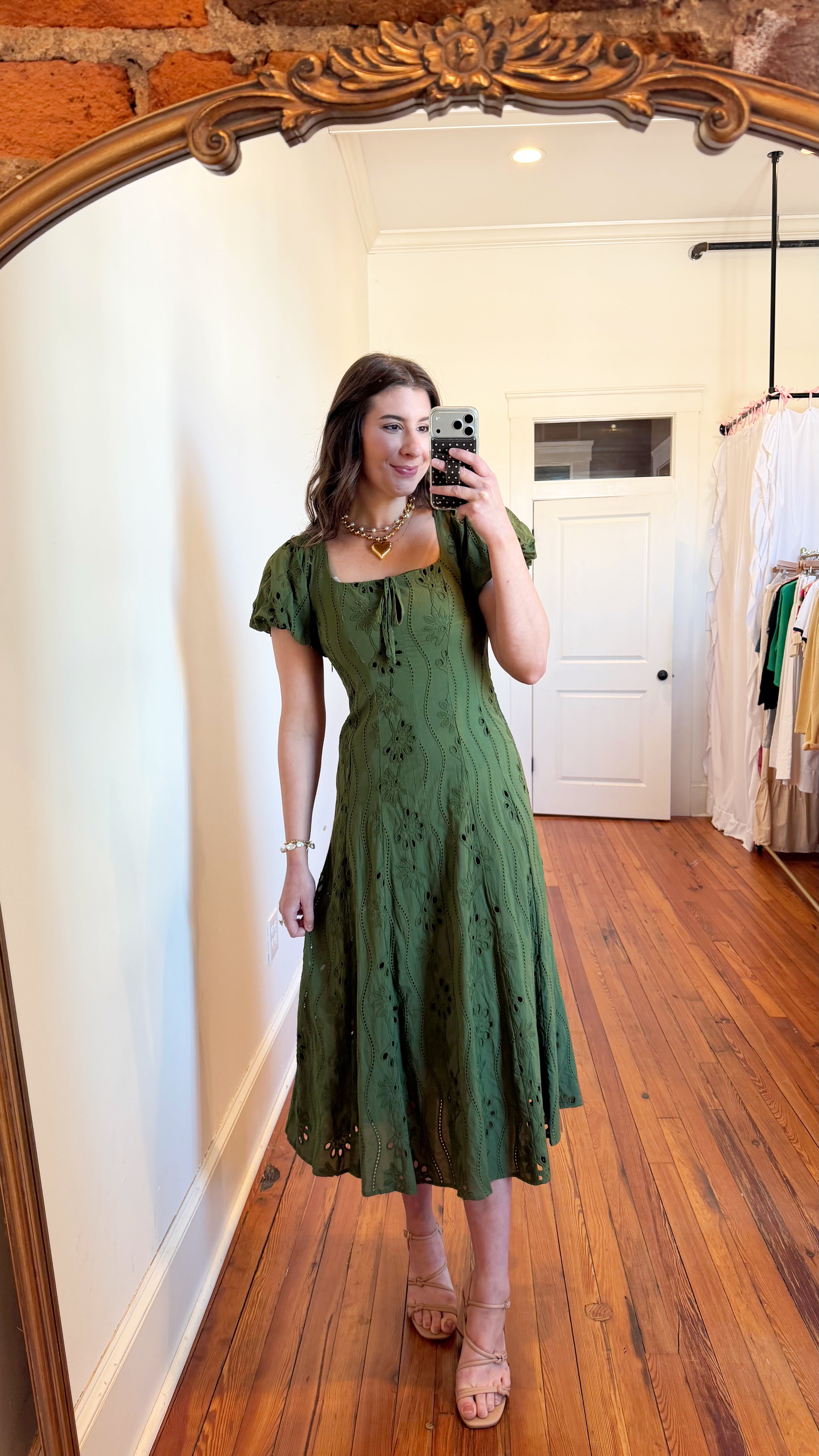 olive green embroidered dress Silvia Olive Floral Embroidered Midi Dress Frock and Frill