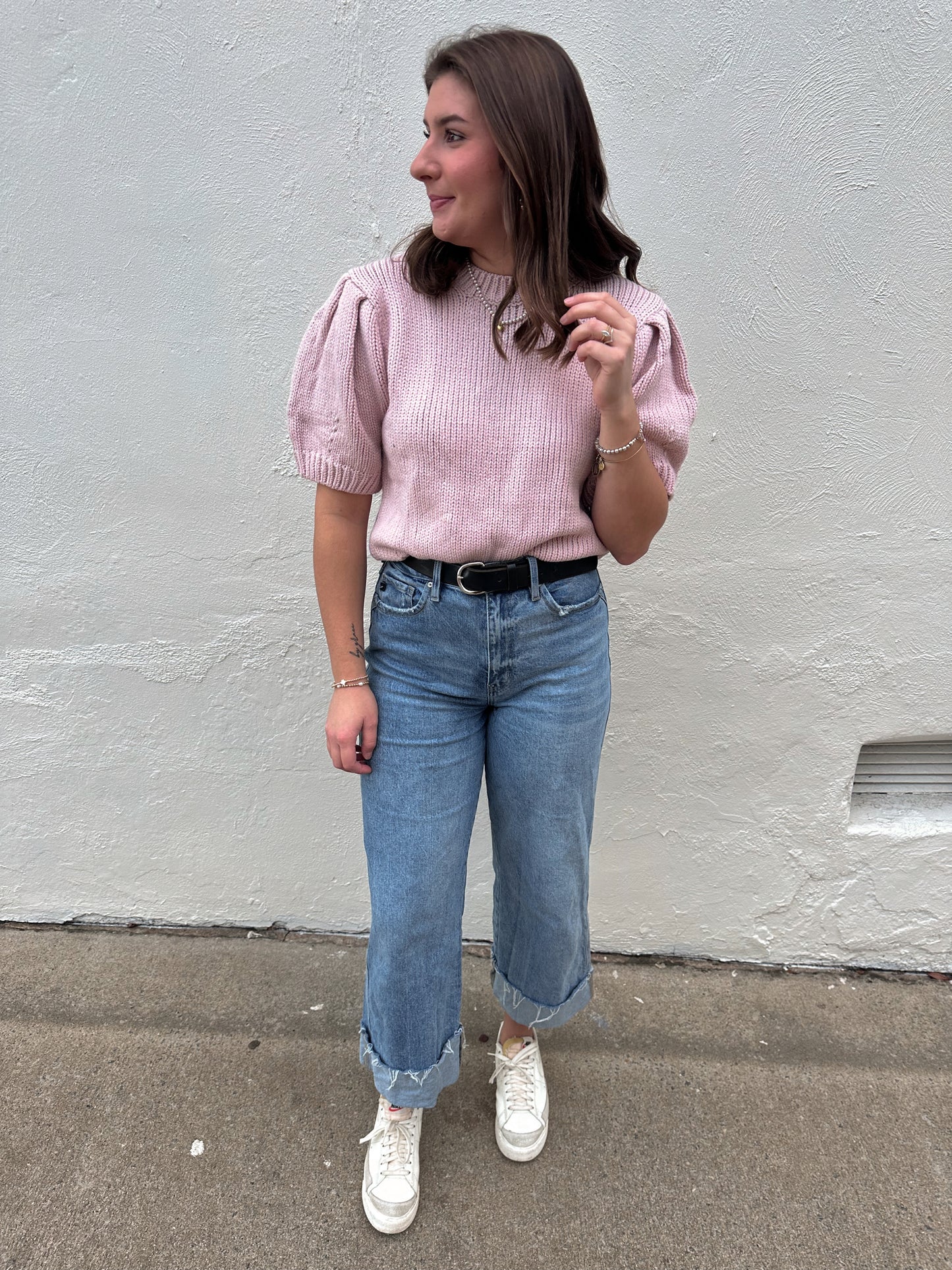 Anna Short Puff Sleeve Light Pink Sweater Top