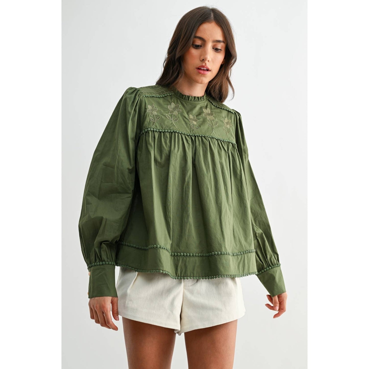 Anniston Embroidered Olive Puff Sleeve Blouse