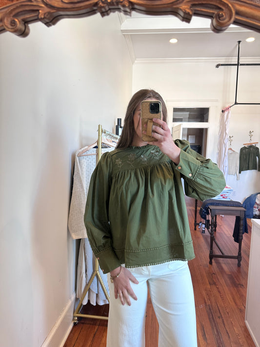 Anniston Embroidered Olive Puff Sleeve Blouse