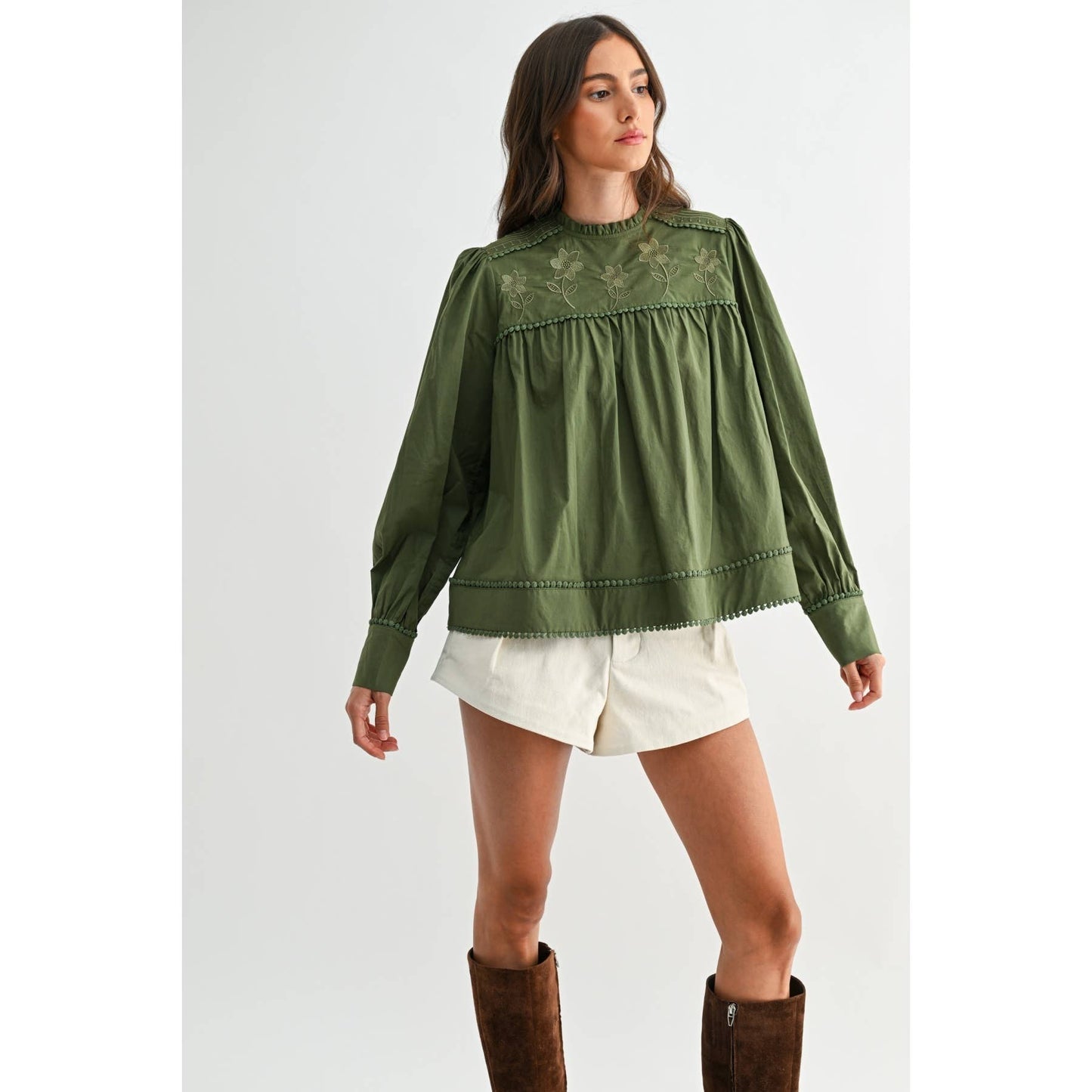 Anniston Embroidered Olive Puff Sleeve Blouse