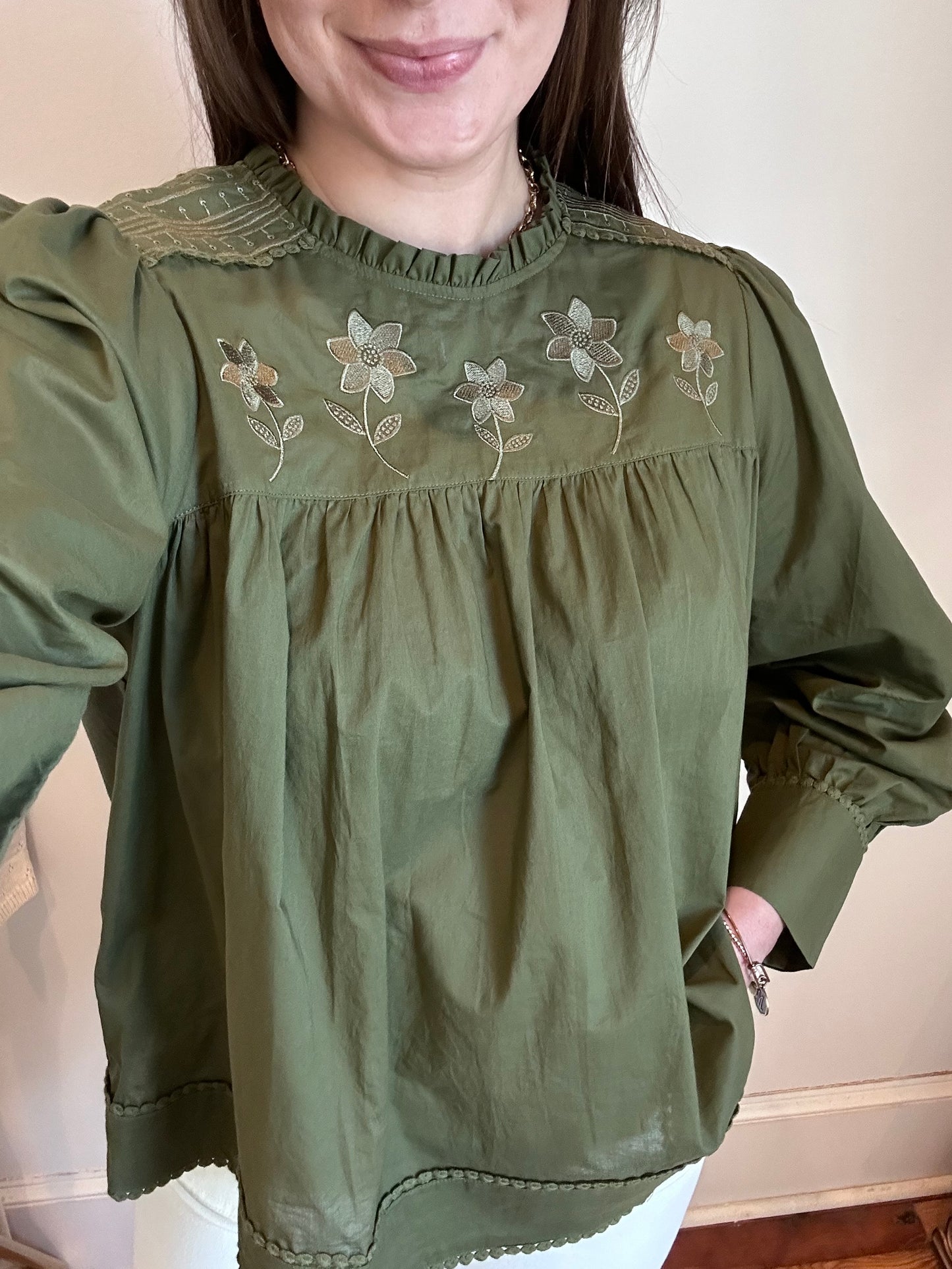 Anniston Embroidered Olive Puff Sleeve Blouse