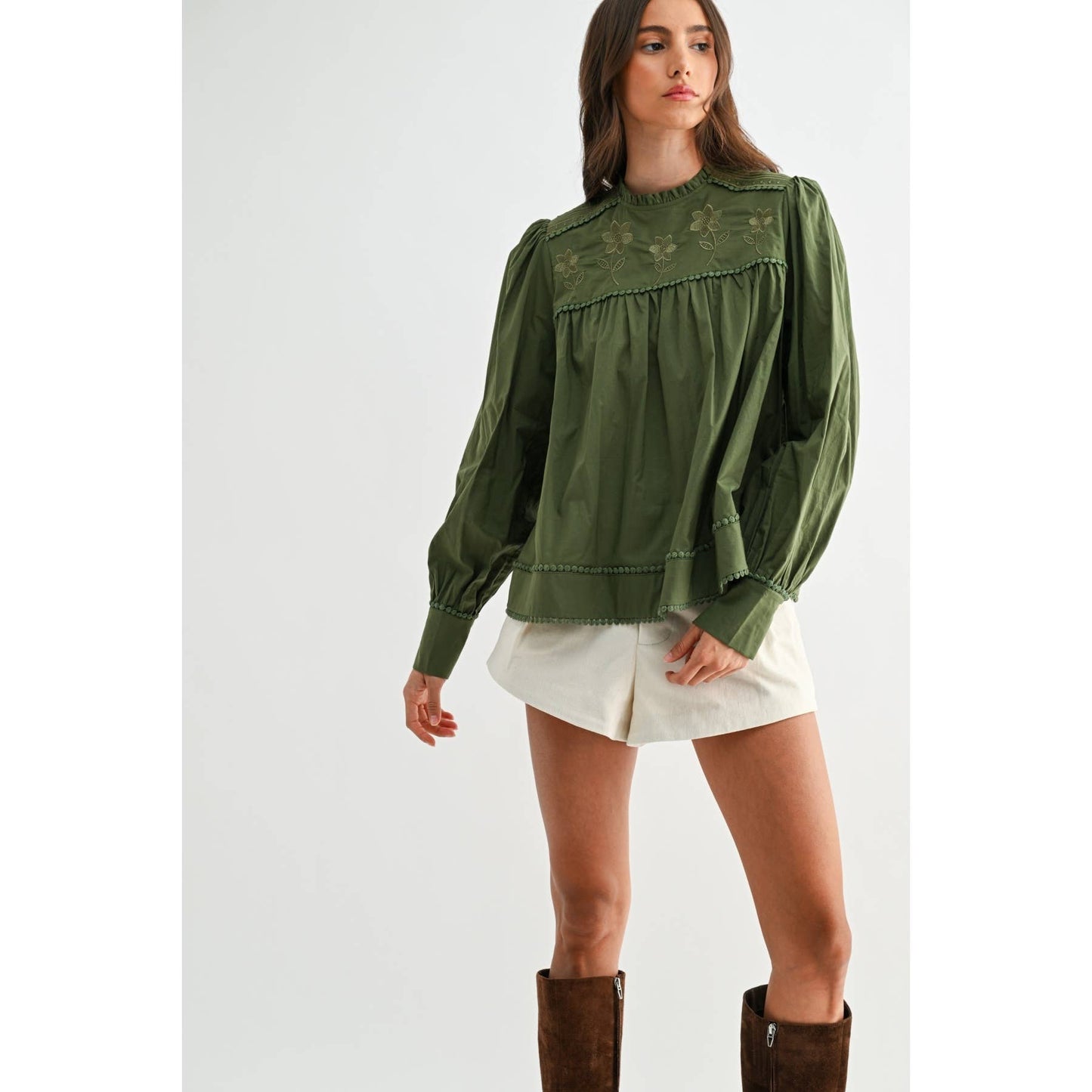 Anniston Embroidered Olive Puff Sleeve Blouse