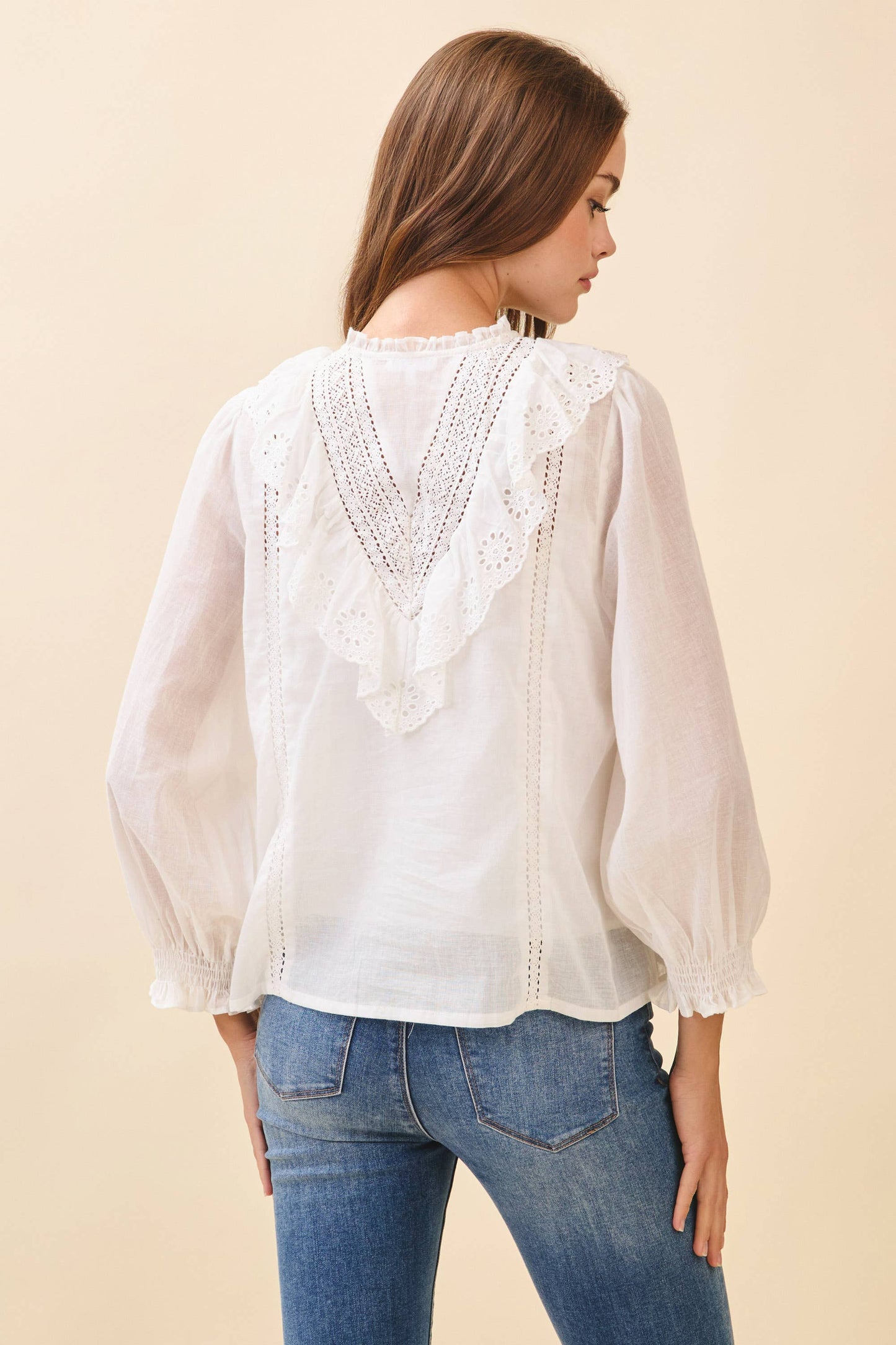 Renee Eyelet Embroidery Ruffle Lace Trim Button Down Top