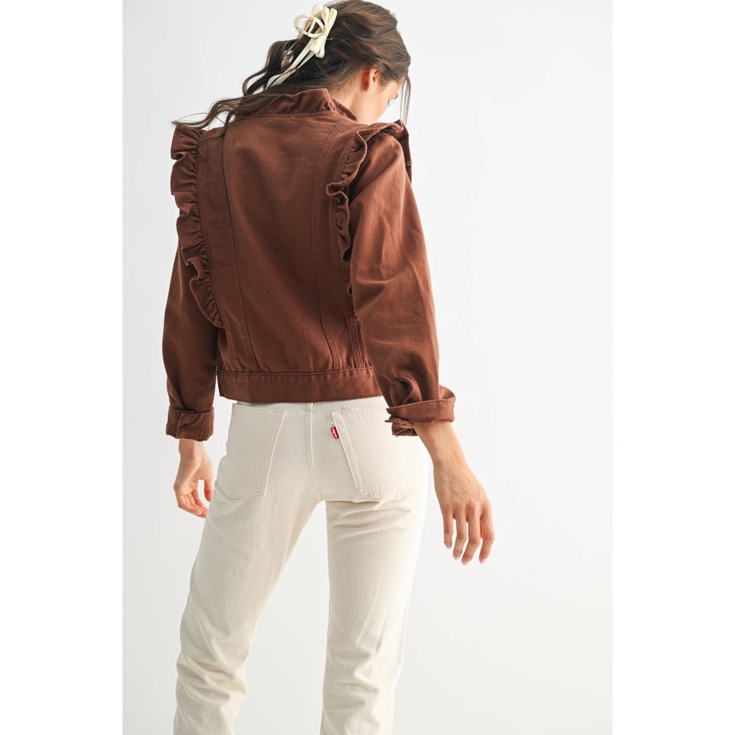 Maple Ruffled Button-Up Denim Jacket