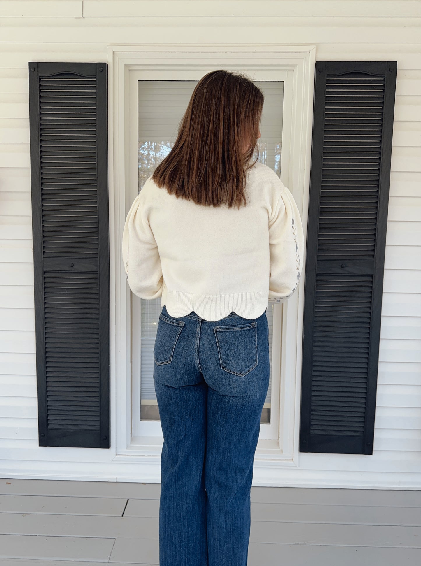 Bluebell Blue & Ivory Embroidered Scallop Sweater
