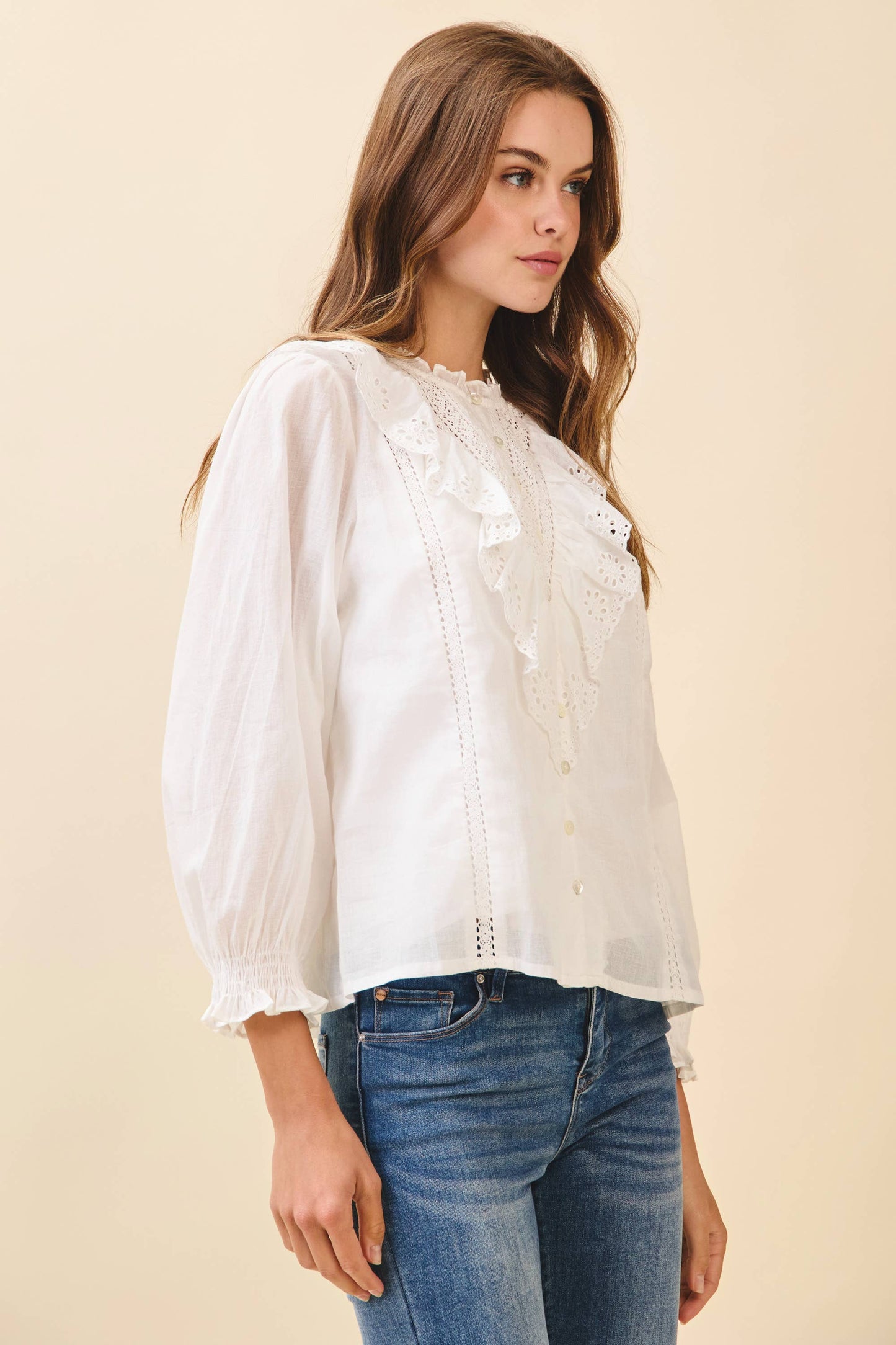 Renee Eyelet Embroidery Ruffle Lace Trim Button Down Top