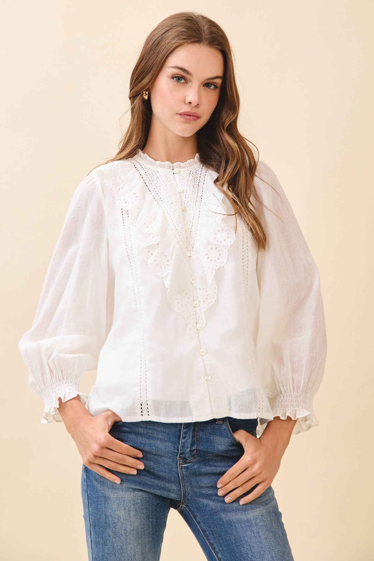 Renee Eyelet Embroidery Ruffle Lace Trim Button Down Top