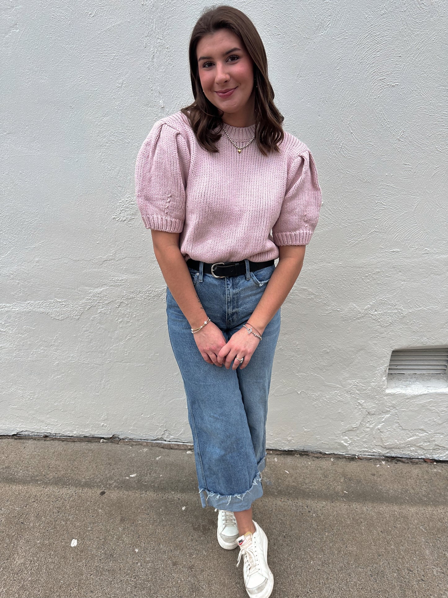 Anna Short Puff Sleeve Light Pink Sweater Top