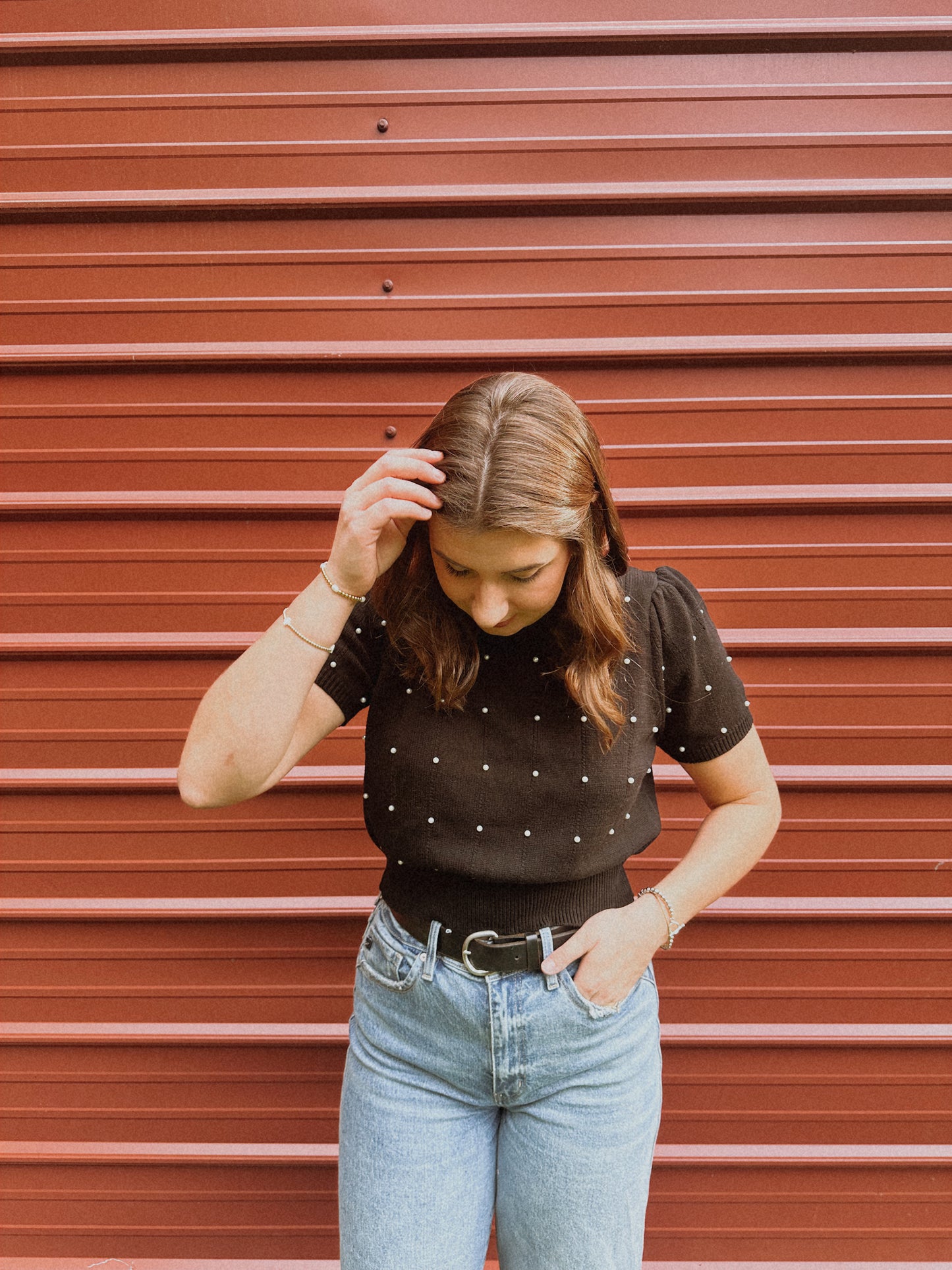 Hannah Pearl Puff Sleeve Black Sweater Top