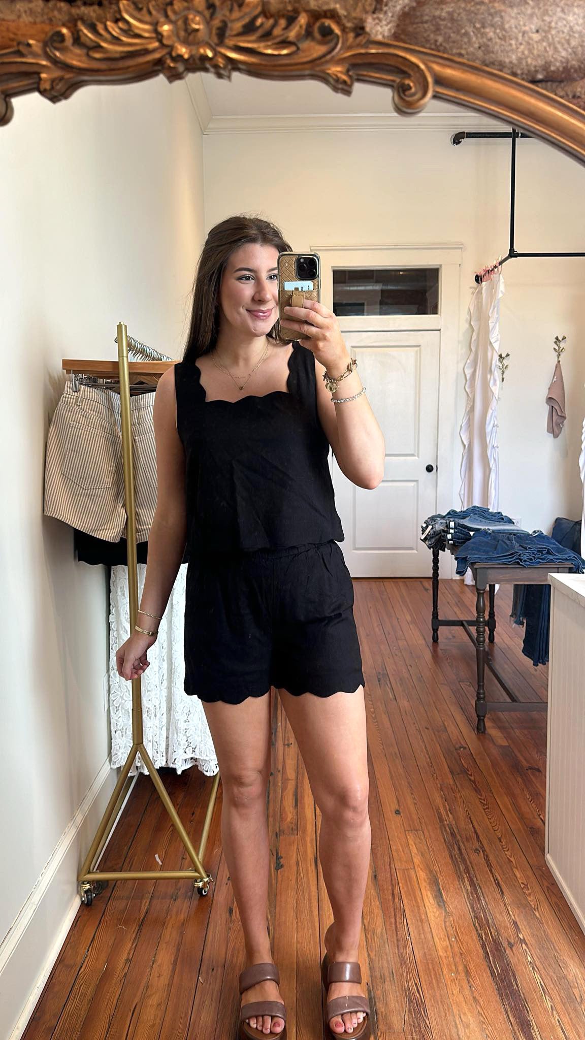 Faith Black Linen Scallop Set-small top with medium shorts
