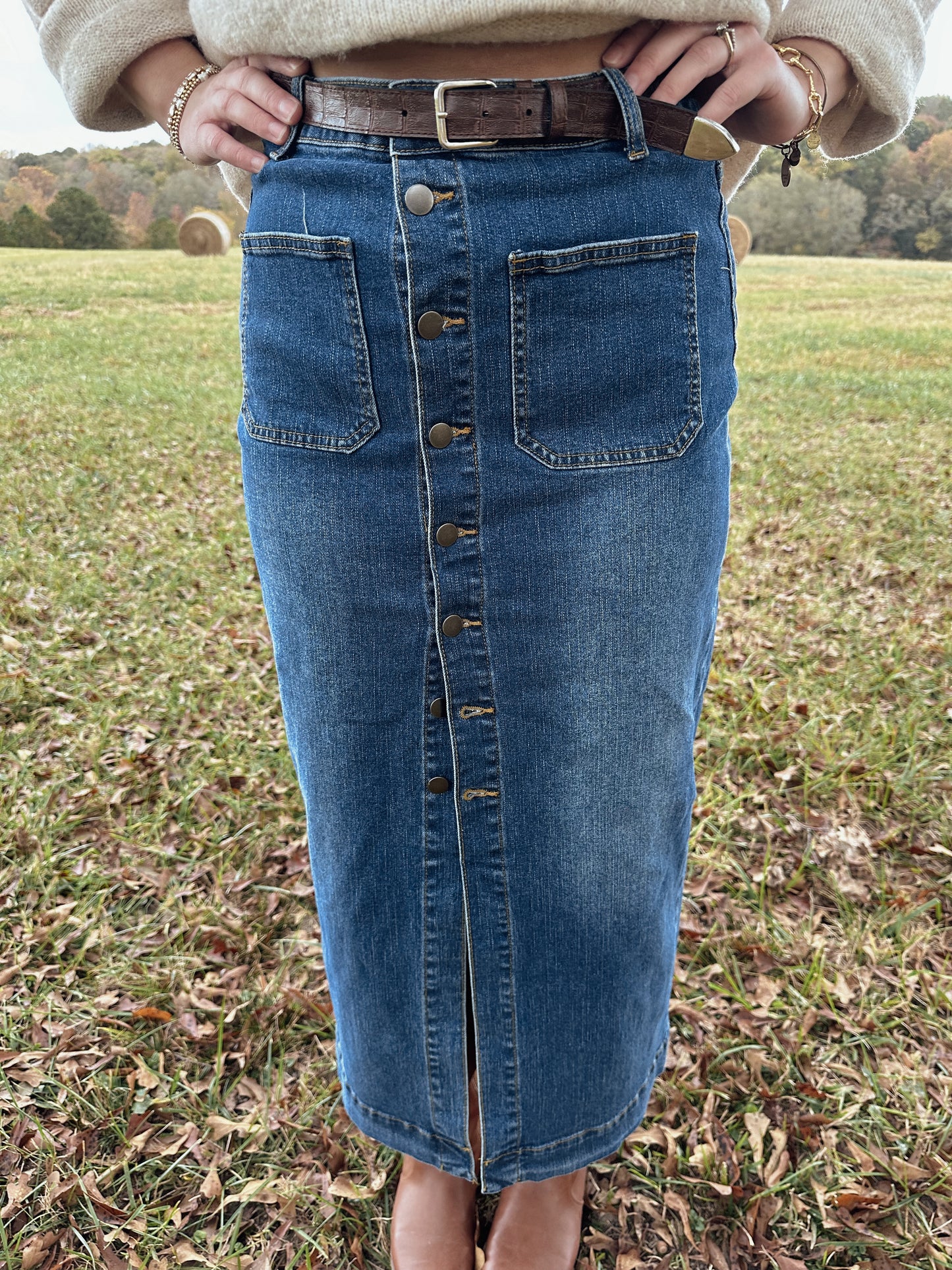 Maeve Button Down Denim Midi Skirt