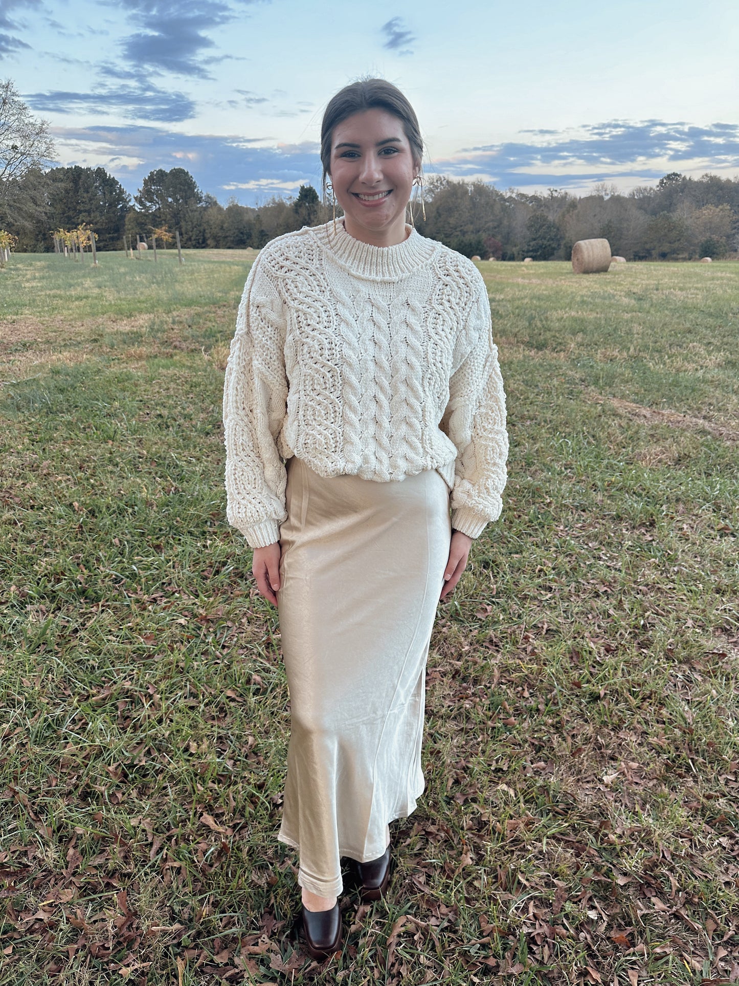 Cecily Champagne Satin Maxi Skirt