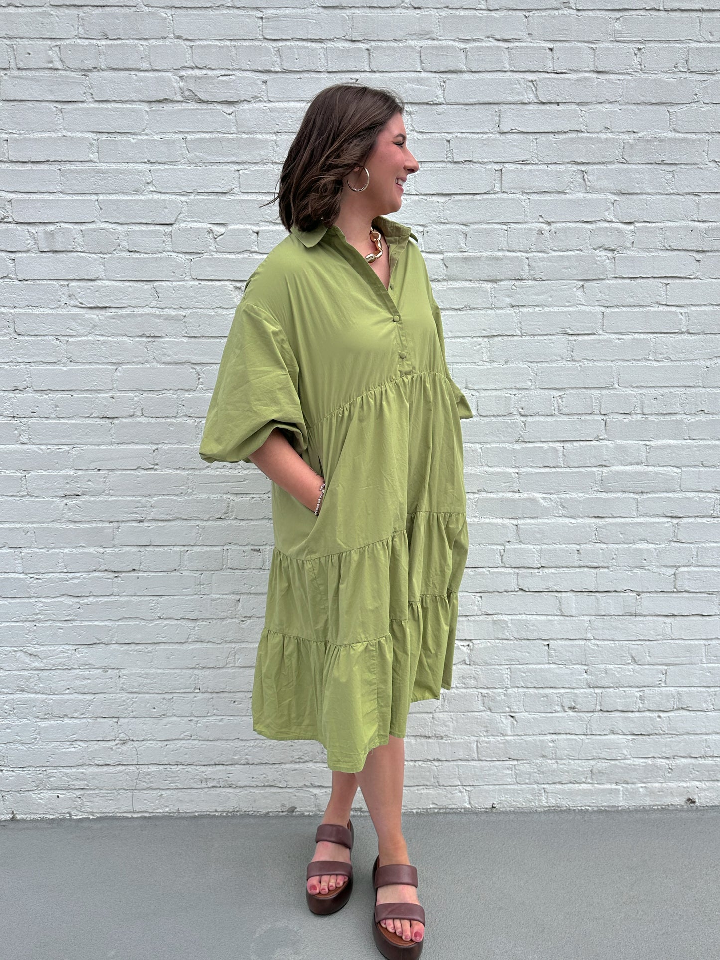 Kailey Button Front Tiered Poplin Midi Dress