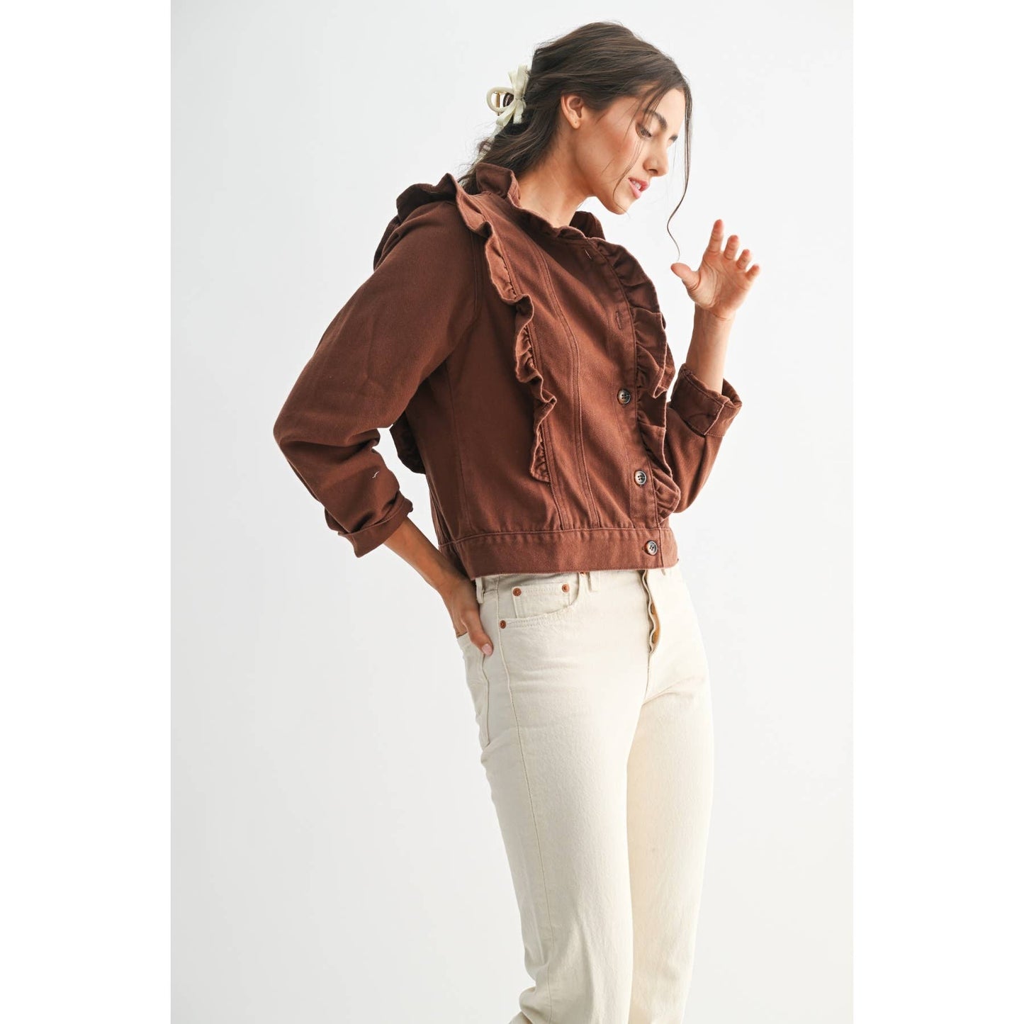 Maple Ruffled Button-Up Denim Jacket