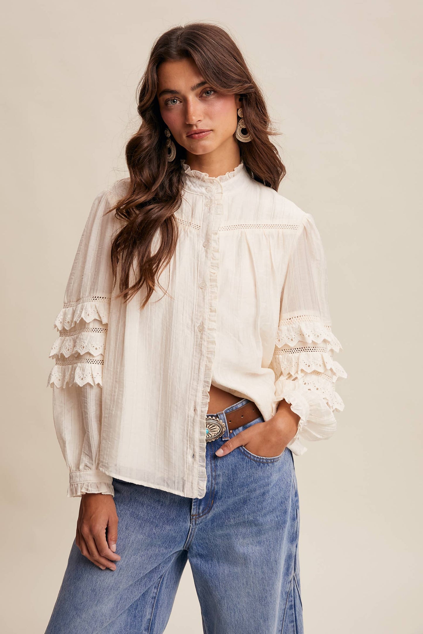 Amber Lace Ruffle Sleeve Pintuck Blouse