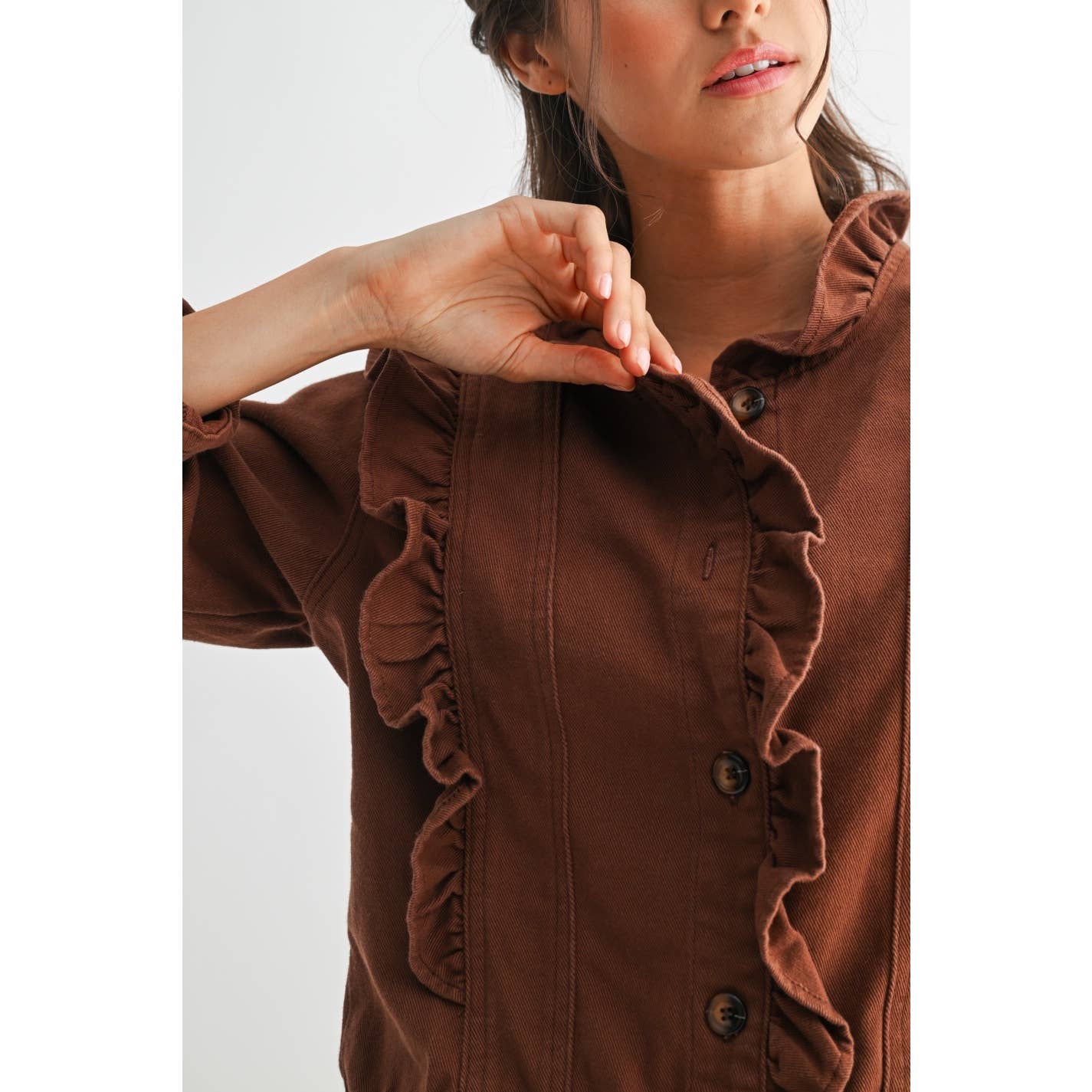 Maple Ruffled Button-Up Denim Jacket