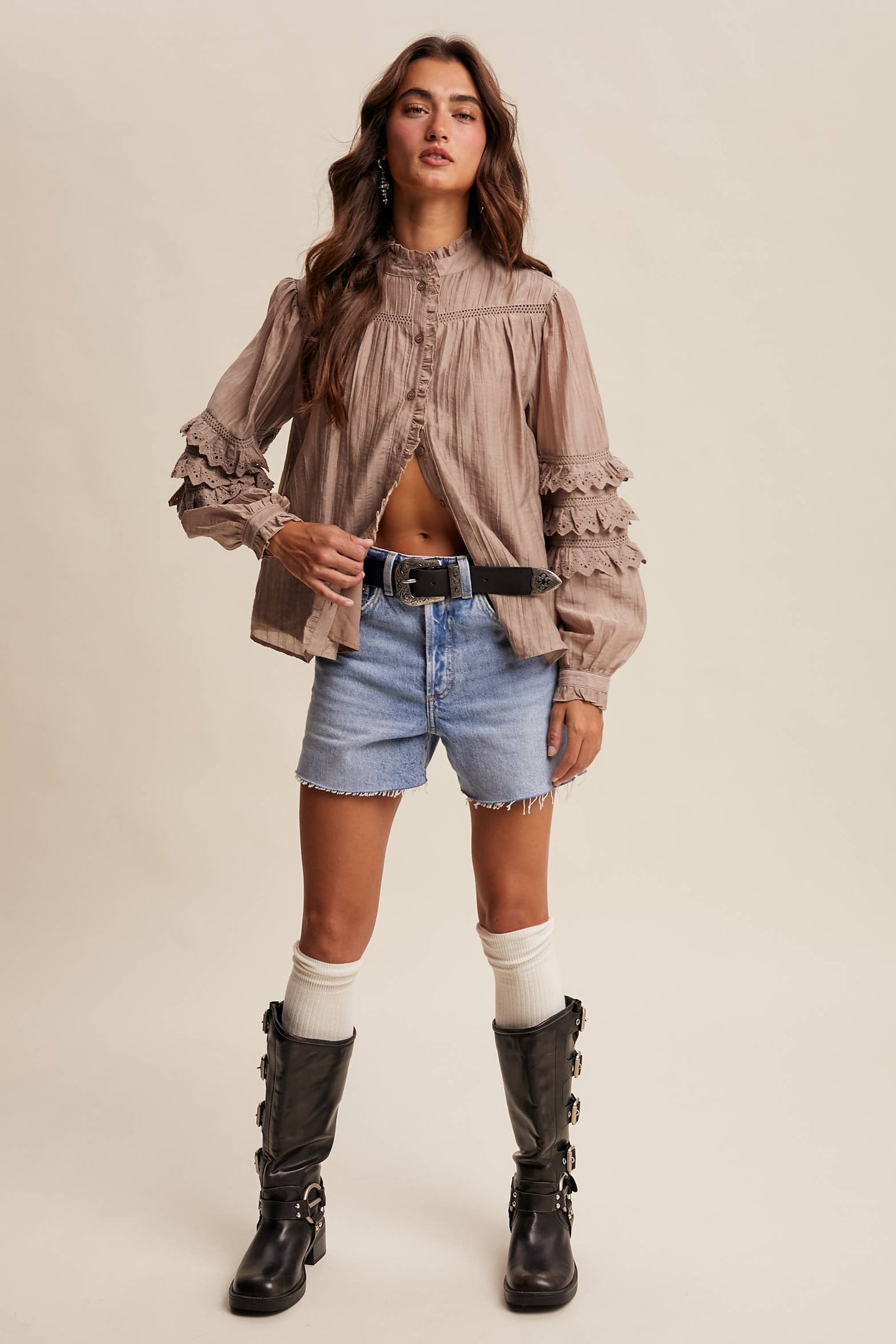 Amber Lace Ruffle Sleeve Pintuck Blouse