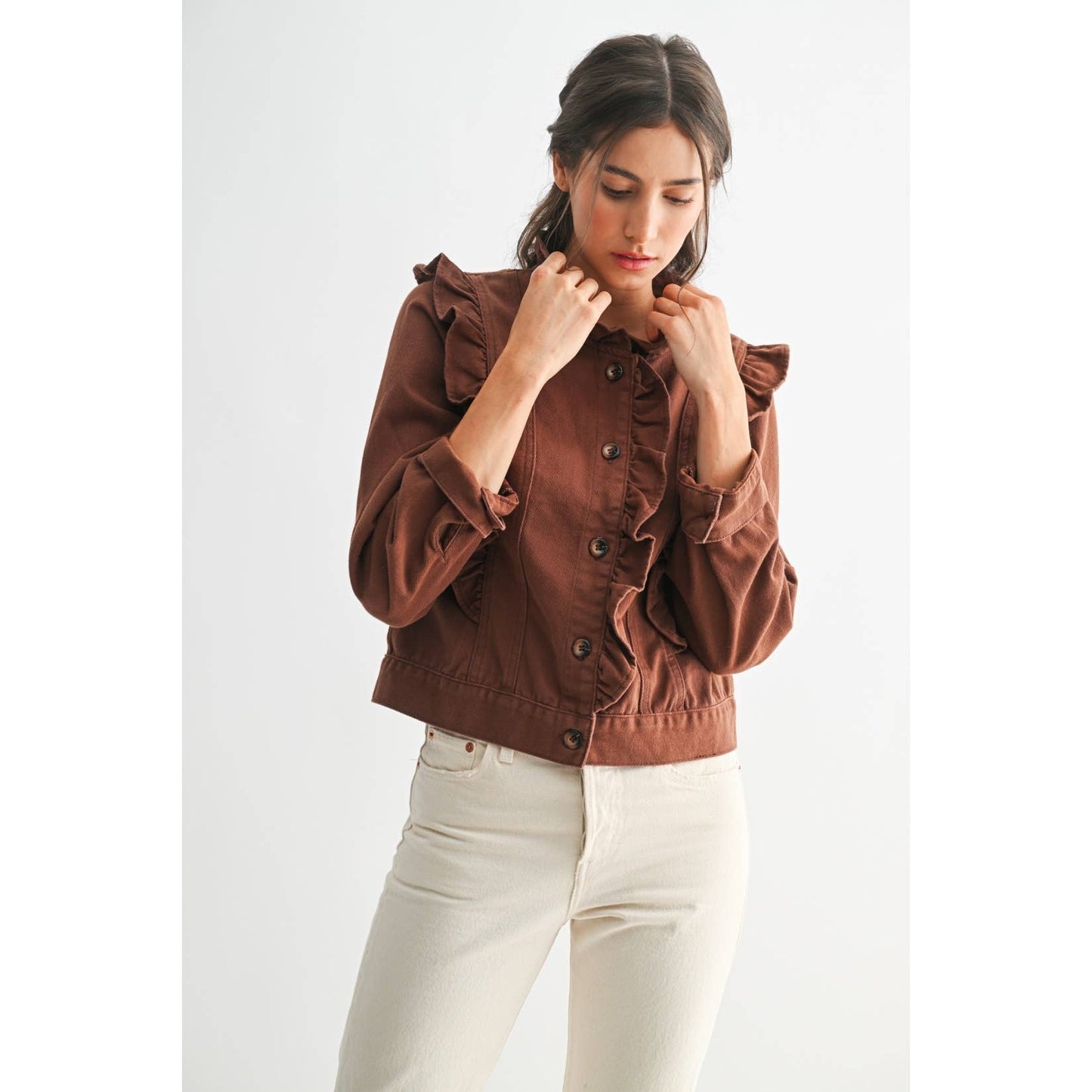Maple Ruffled Button-Up Denim Jacket