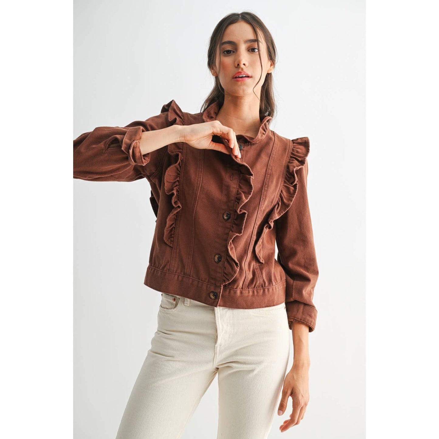 Maple Ruffled Button-Up Denim Jacket