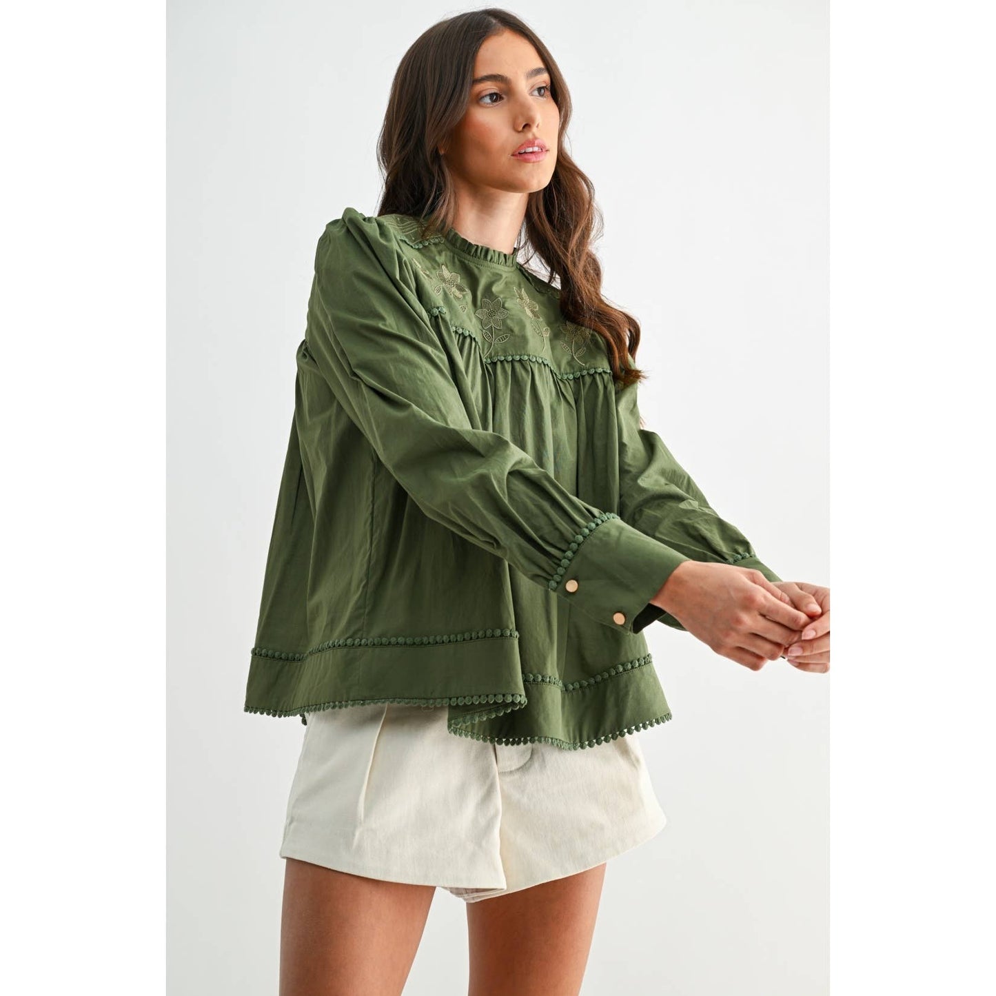 Anniston Embroidered Olive Puff Sleeve Blouse
