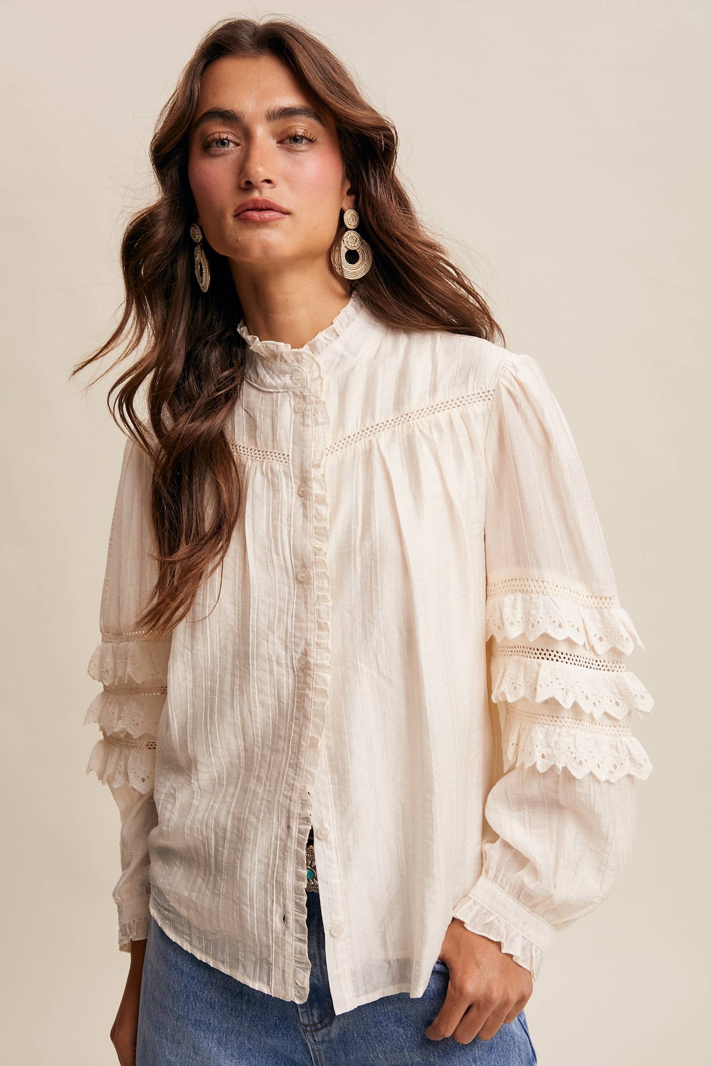 Amber Lace Ruffle Sleeve Pintuck Blouse