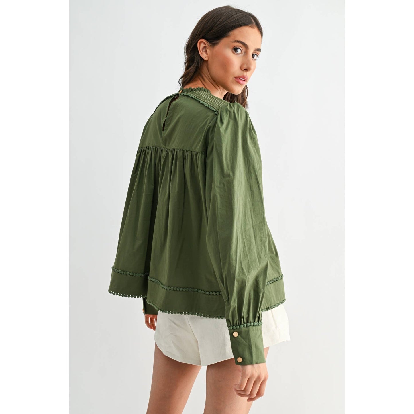 Anniston Embroidered Olive Puff Sleeve Blouse