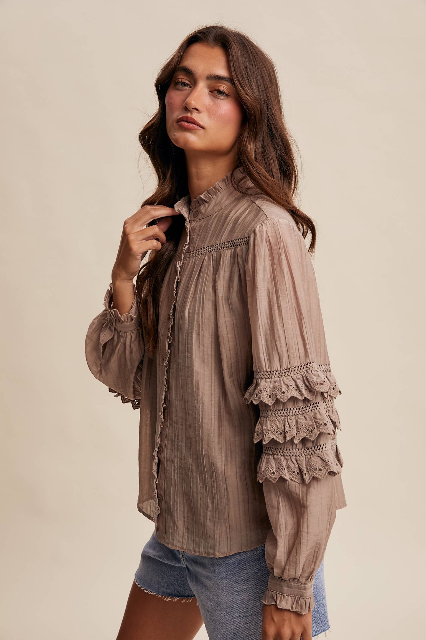 Amber Lace Ruffle Sleeve Pintuck Blouse
