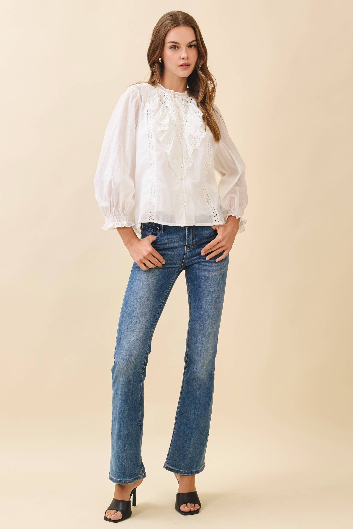 Renee Eyelet Embroidery Ruffle Lace Trim Button Down Top
