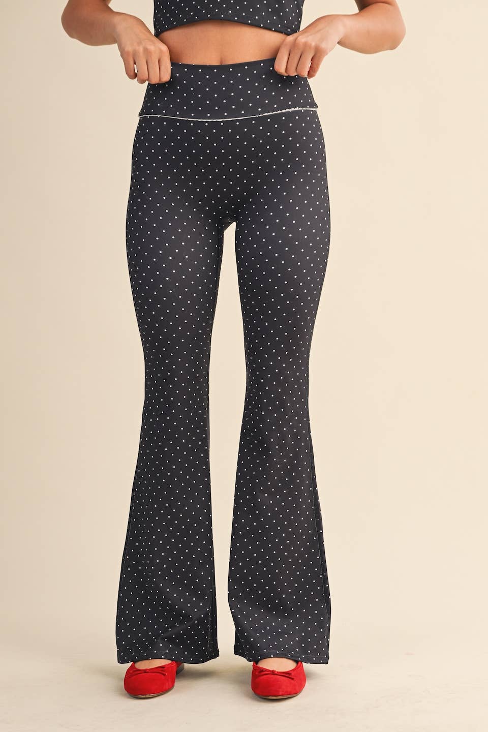 Polka Dot Print High Waist Flare Pants with Lace Trim