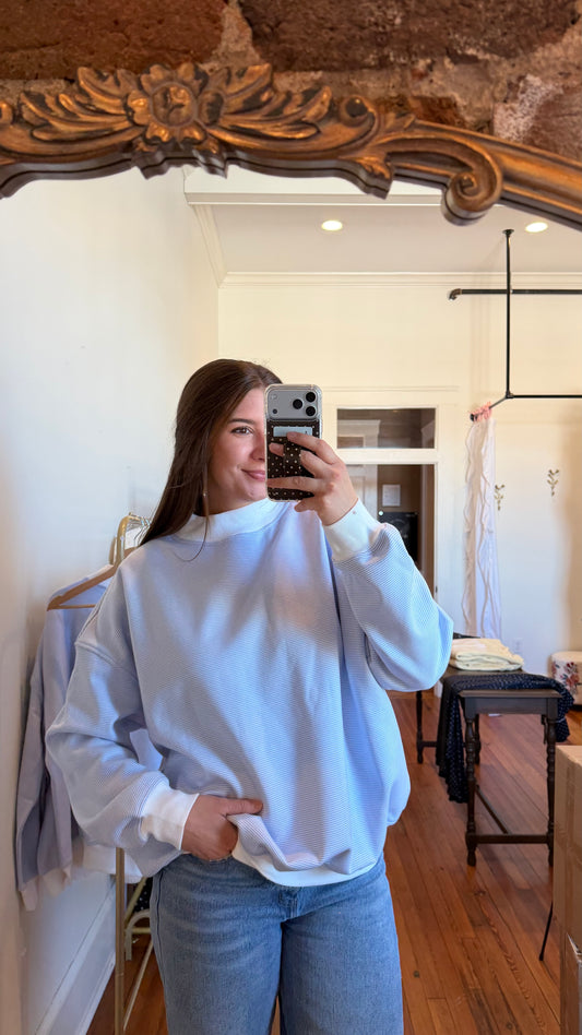 Bri Light Blue & White Striped Mockneck Sweatshirt