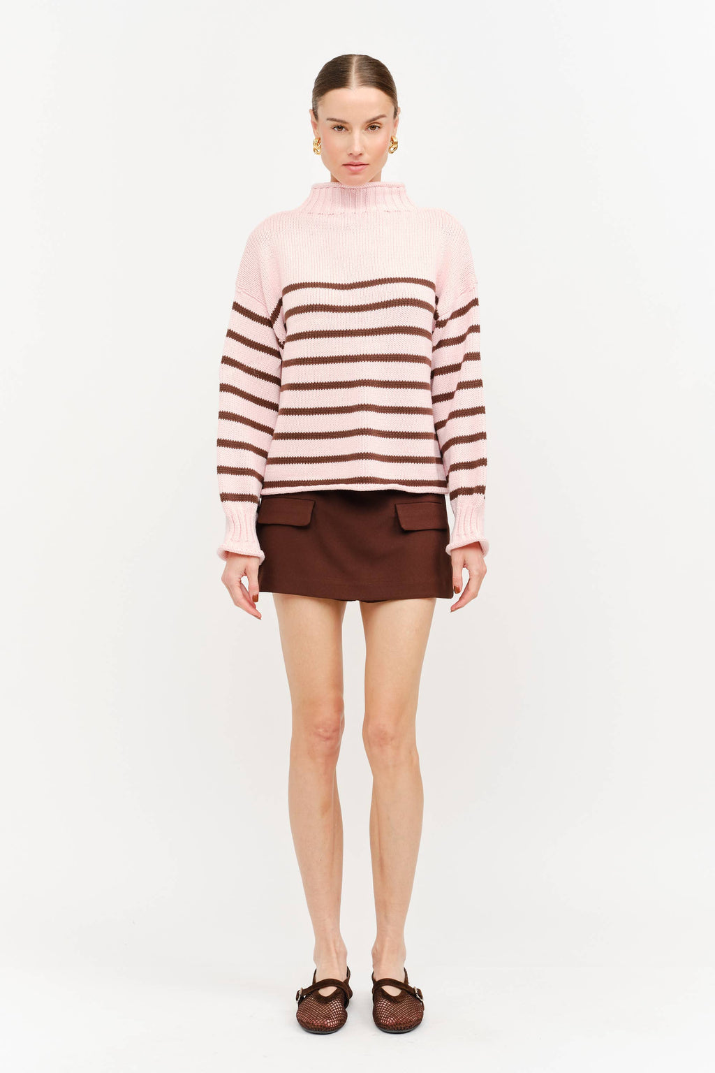 Skylar Cotton Striped Rollneck Sweater - Pink & Brown