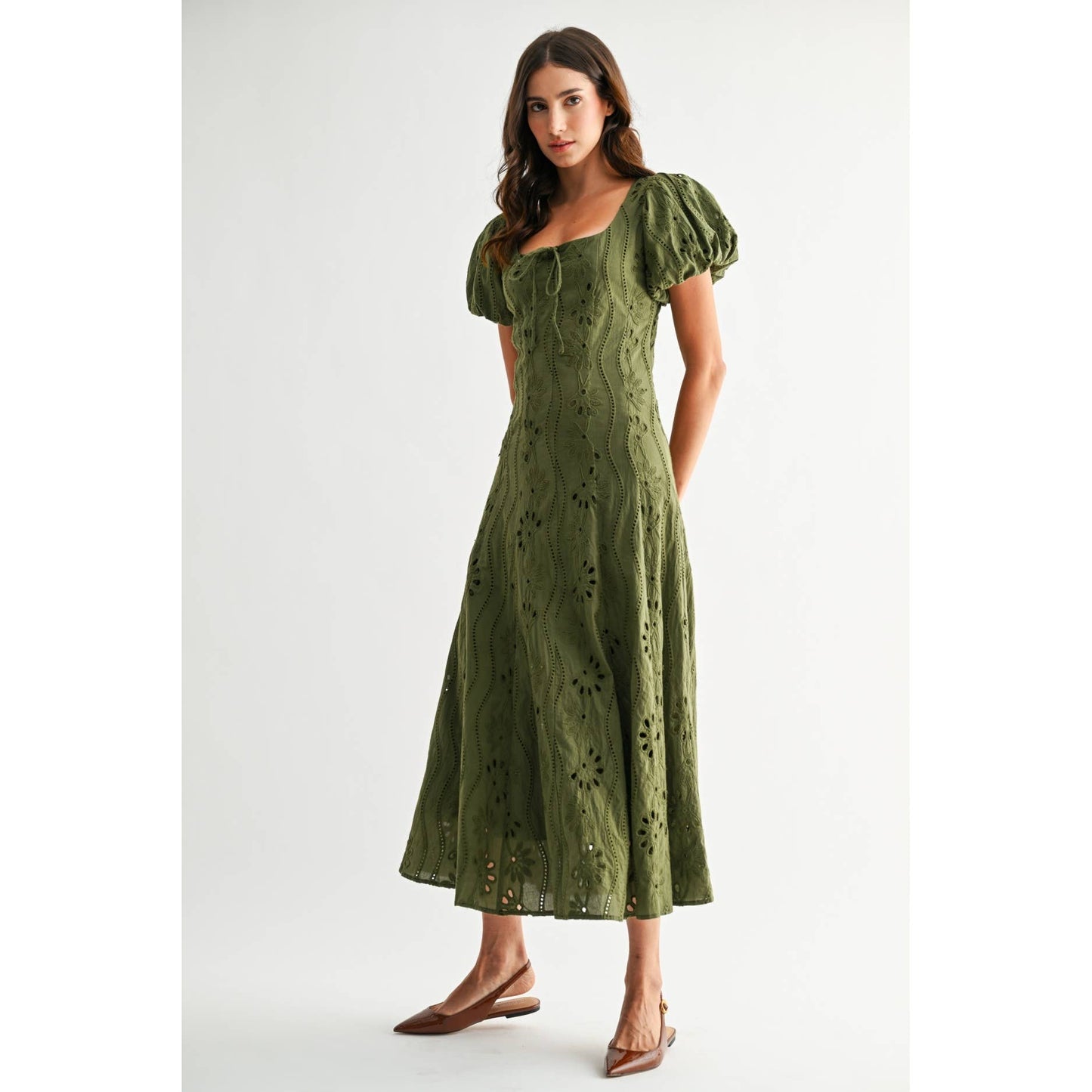Willow Olive Green Puff Sleeve Embroidered Midi Dress
