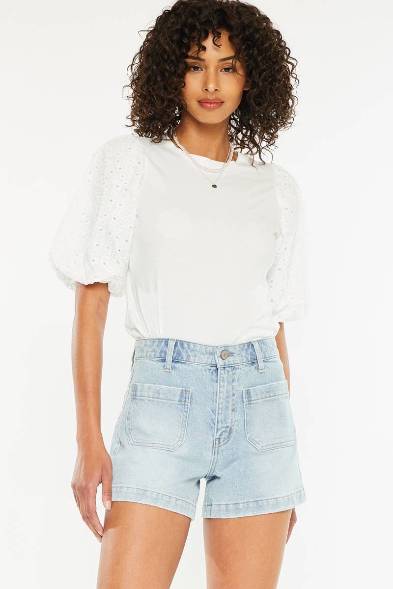 Krista Shorts- KanCanHigh Rise Front Pocket Trouser Denim Shorts- Light Wash