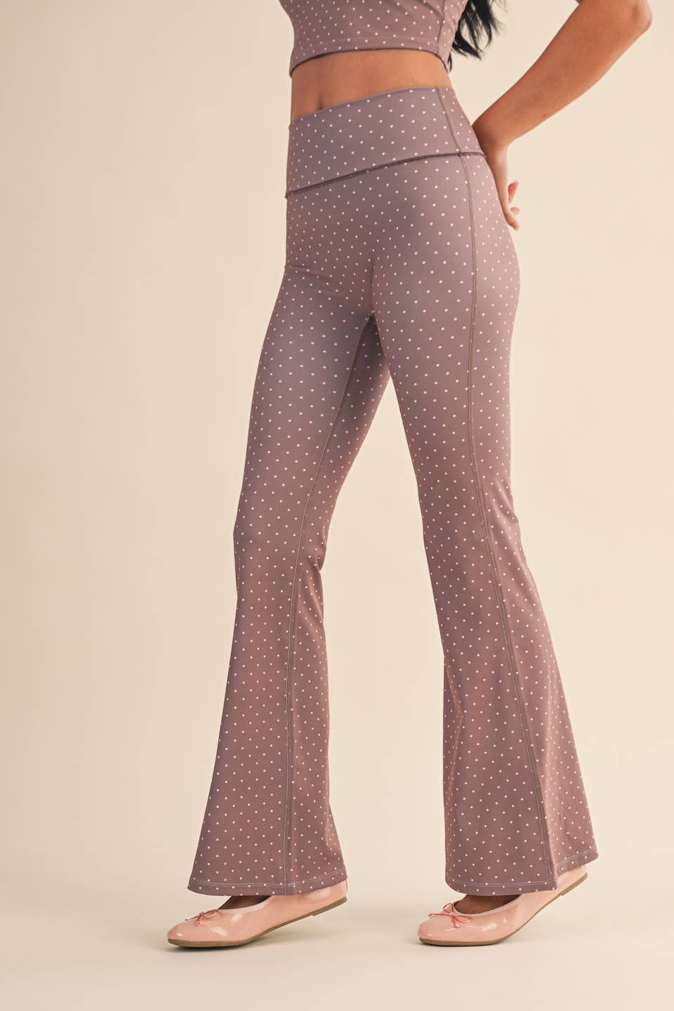 Polka Dot Print High Waist Flare Pants with Lace Trim