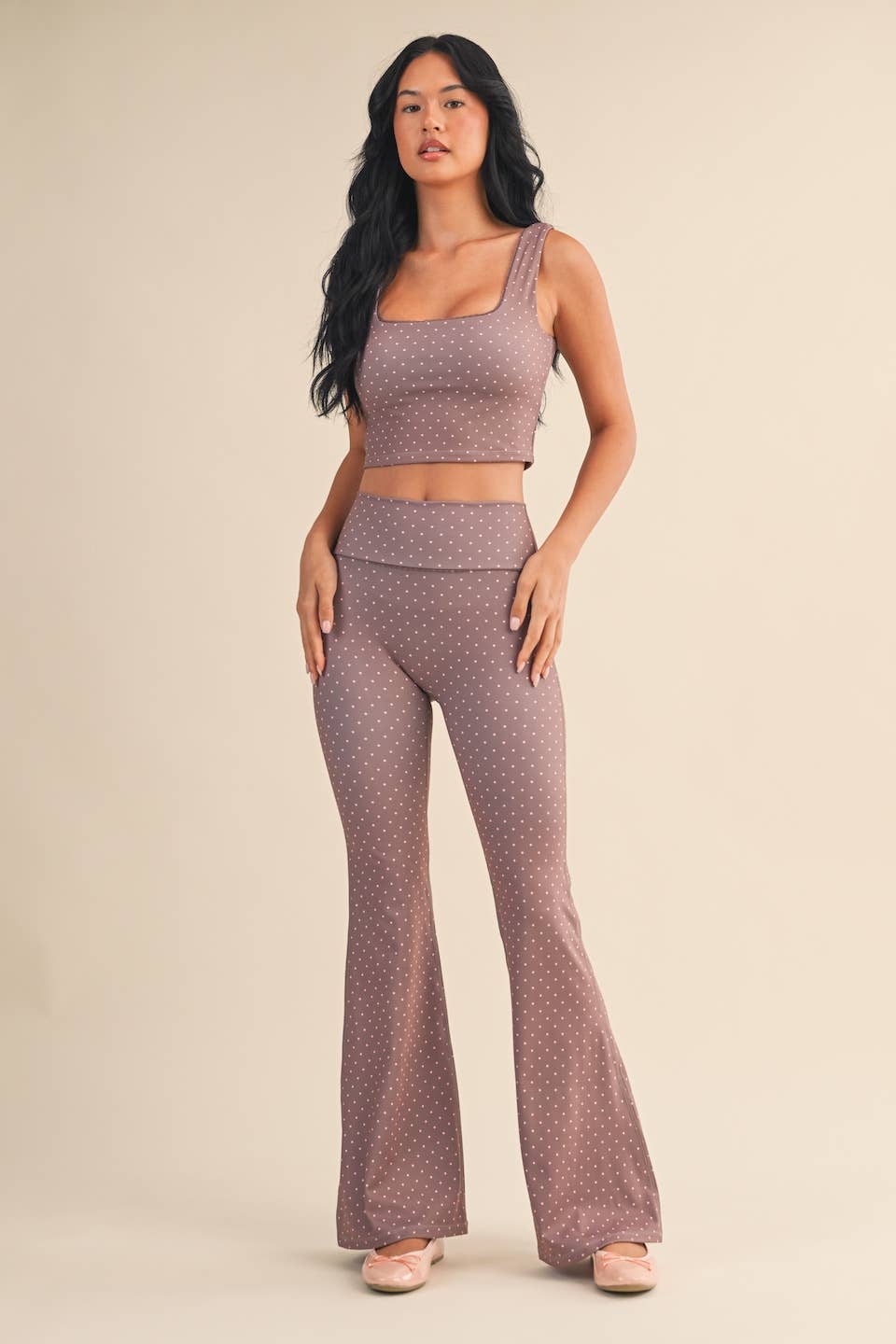 Polka Dot Print Crop Tank with Lace Trim