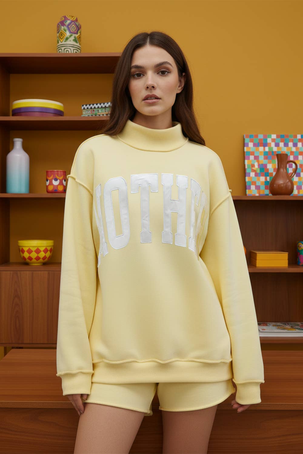 Yellow MOTHER Embroidered Mock Neck Sweatshirt