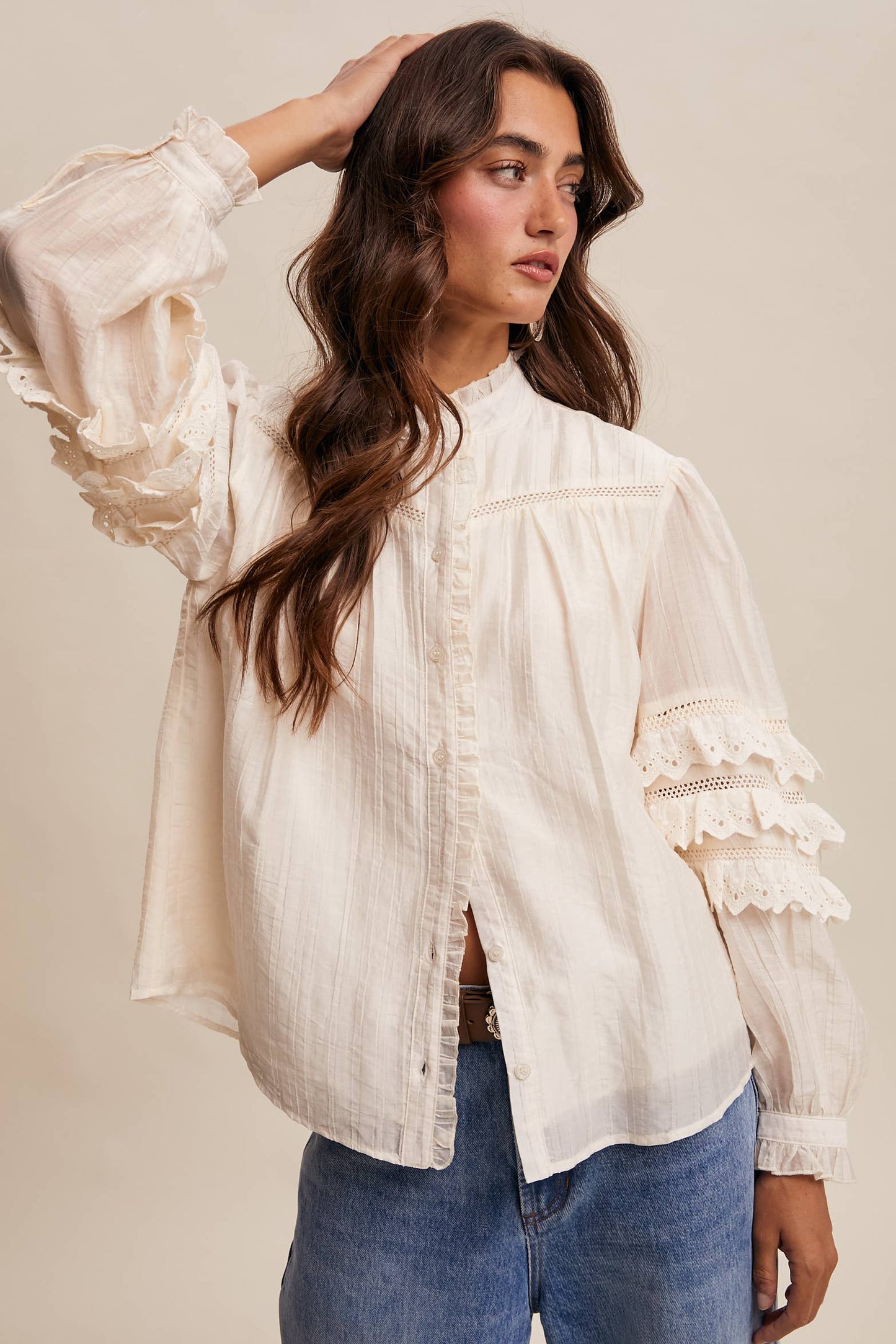 Amber Lace Ruffle Sleeve Pintuck Blouse