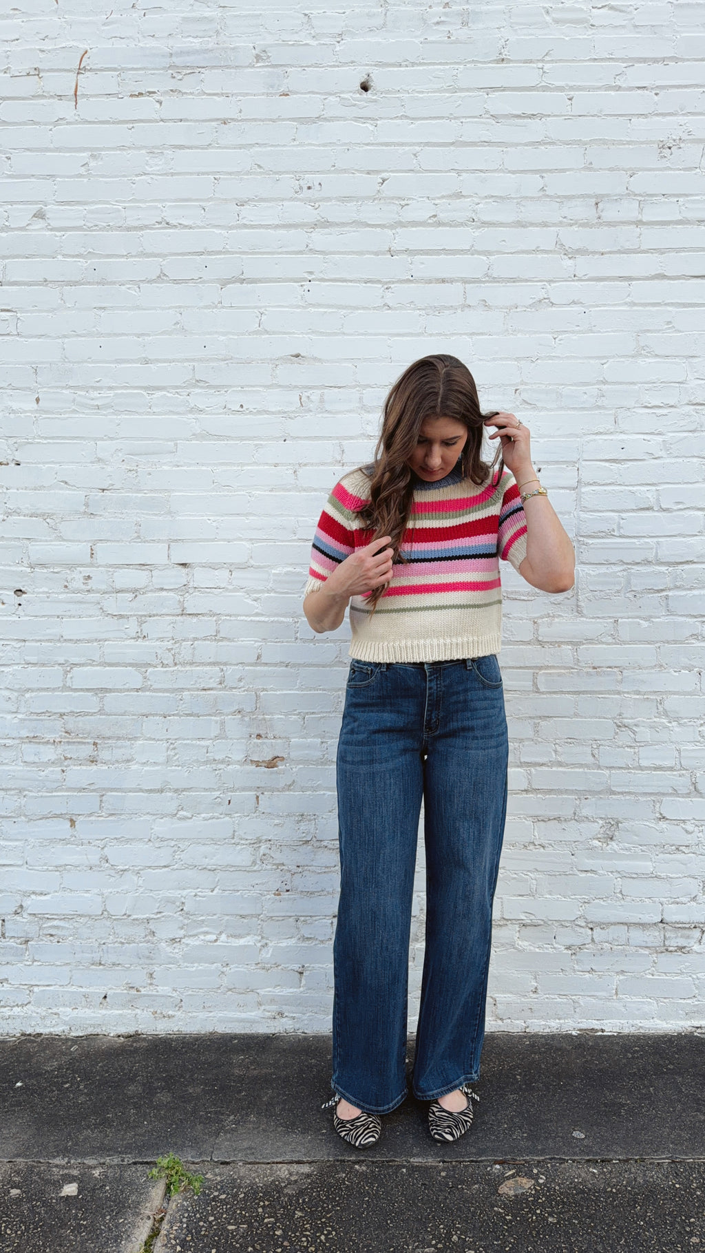 Colorful Striped Chunky Knit Short Sleeve Sweater