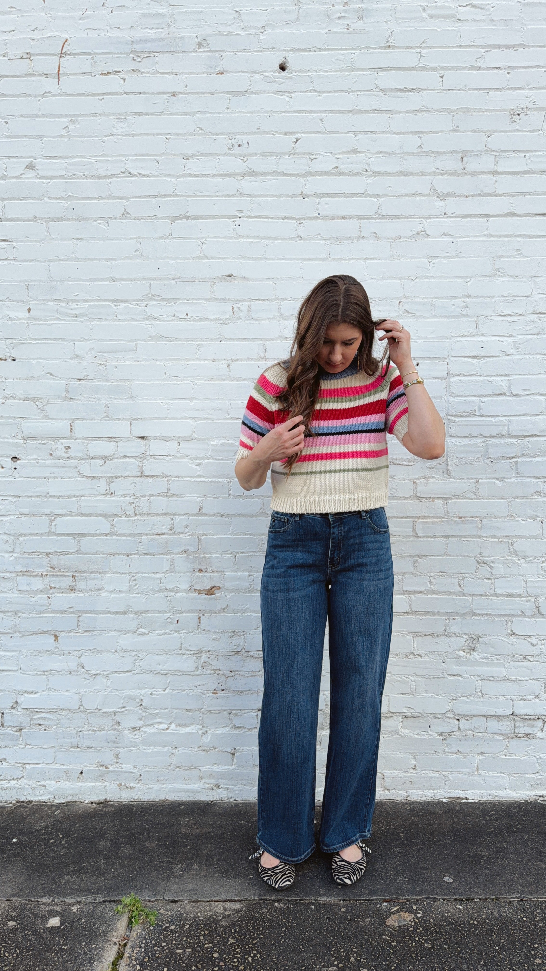 Colorful Striped Chunky Knit Short Sleeve Sweater